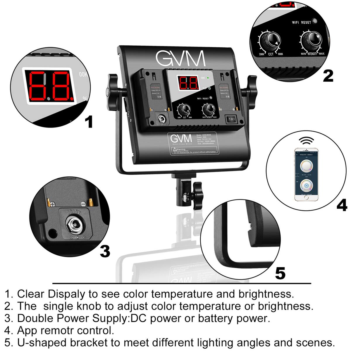 1. Clear Display to see color temperature and brightness.  
2. The single knob to adjust color temperature or brightness.  
3. Double Power Supply: DC power or battery power.  
4. App remote control.  
5. U-shaped bracket to meet different lighting angles and scenes.