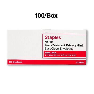 100/Box Staples No. 10 Tear-Resistant Privacy-Tint EasyClose Envelopes White 27 lb 4.125 in x 9.5 in (10.5 cm x 24.1 cm) 100 Envelopes ST21573
