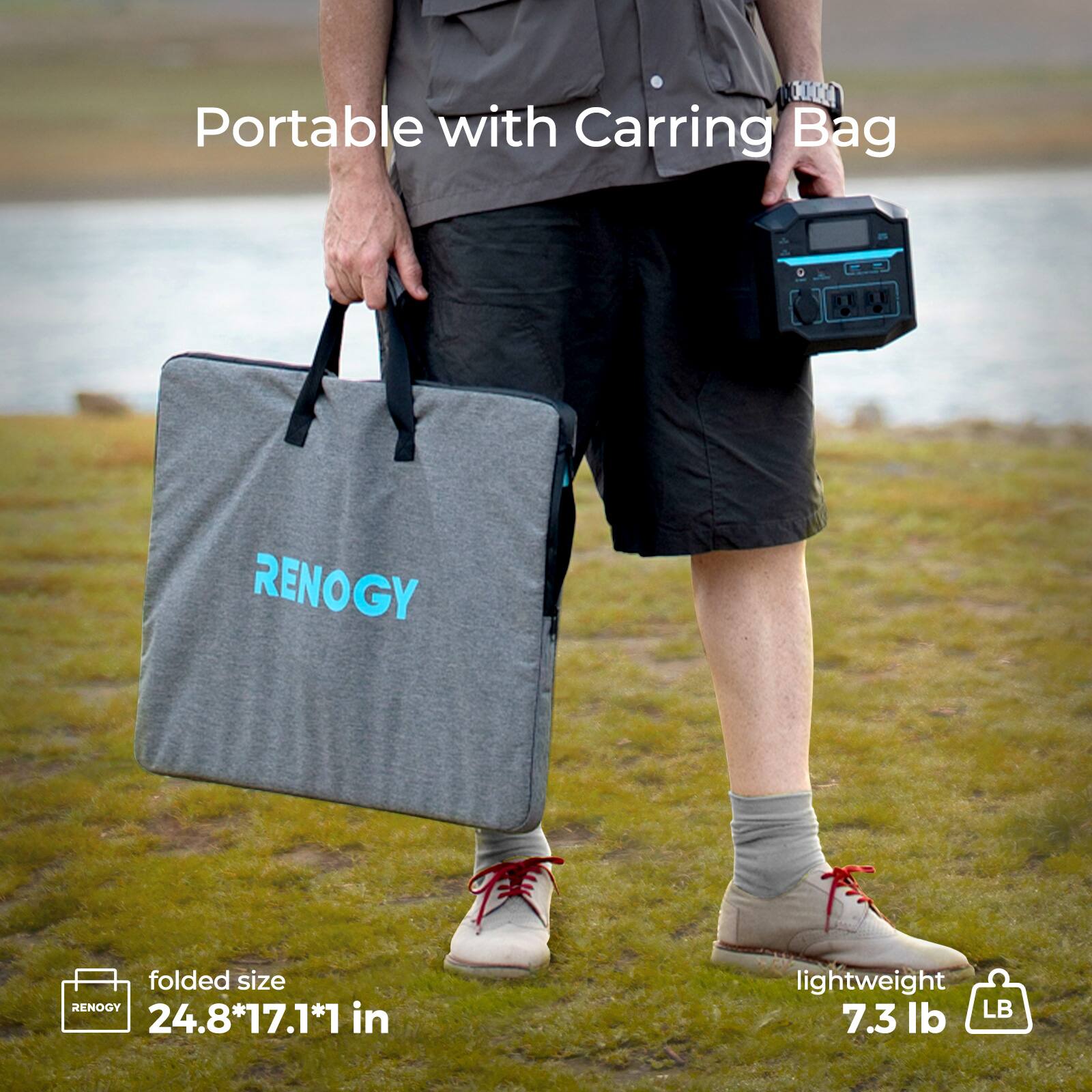 The text on the image is grouped and corrected as follows:

"Portable with Carrying Bag RENOGY folded size 24.8*17.1*1 in lightweight 7.3 lb."