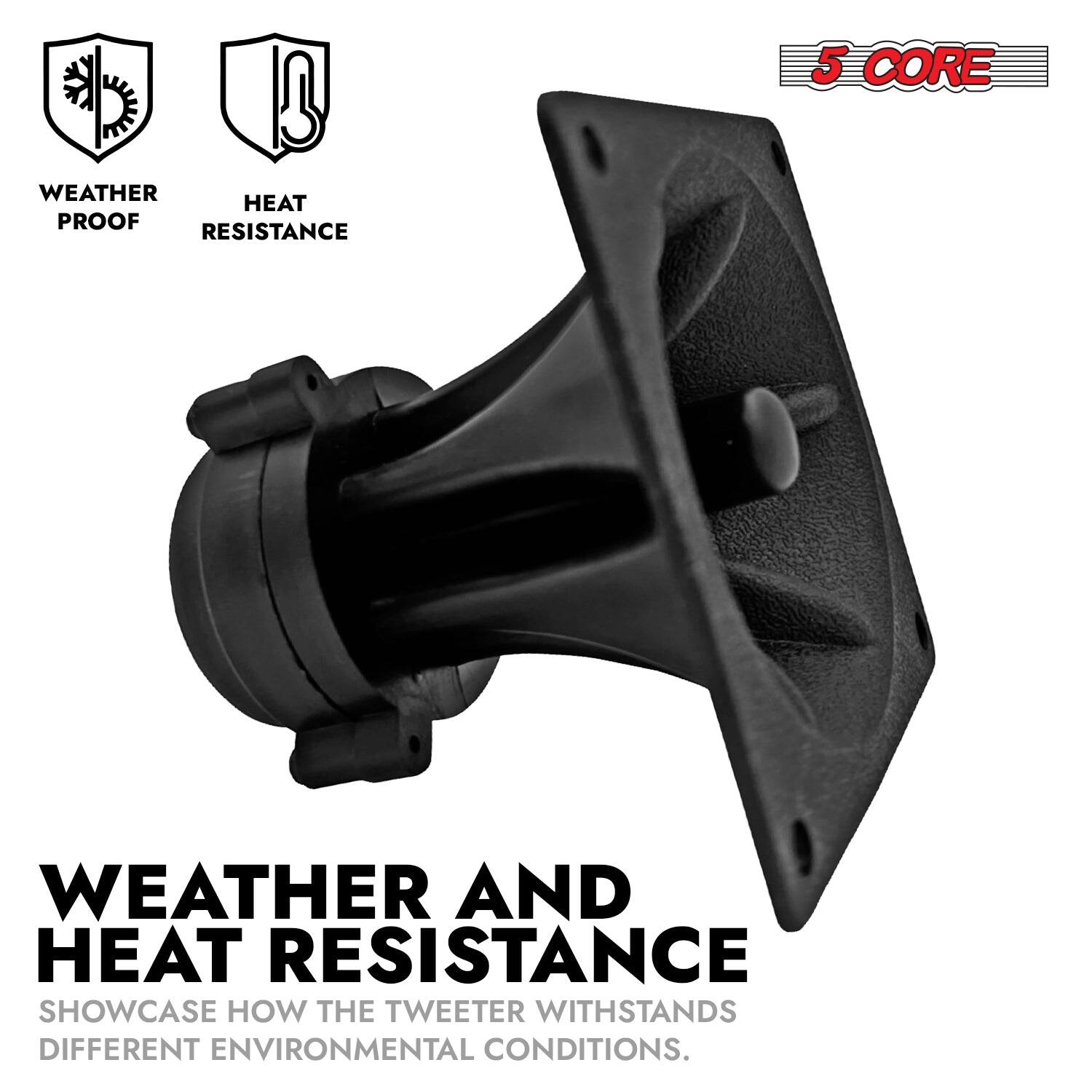 The text in the image can be grouped and corrected as follows:

"5 CORE WEATHER AND HEAT RESISTANCE SHOWCASE HOW THE TWEETER WITHSTANDS DIFFERENT ENVIRONMENTAL CONDITIONS."

This text highlights the durability and resilience of the tweeter, emphasizing its ability to withstand various weather and heat conditions.