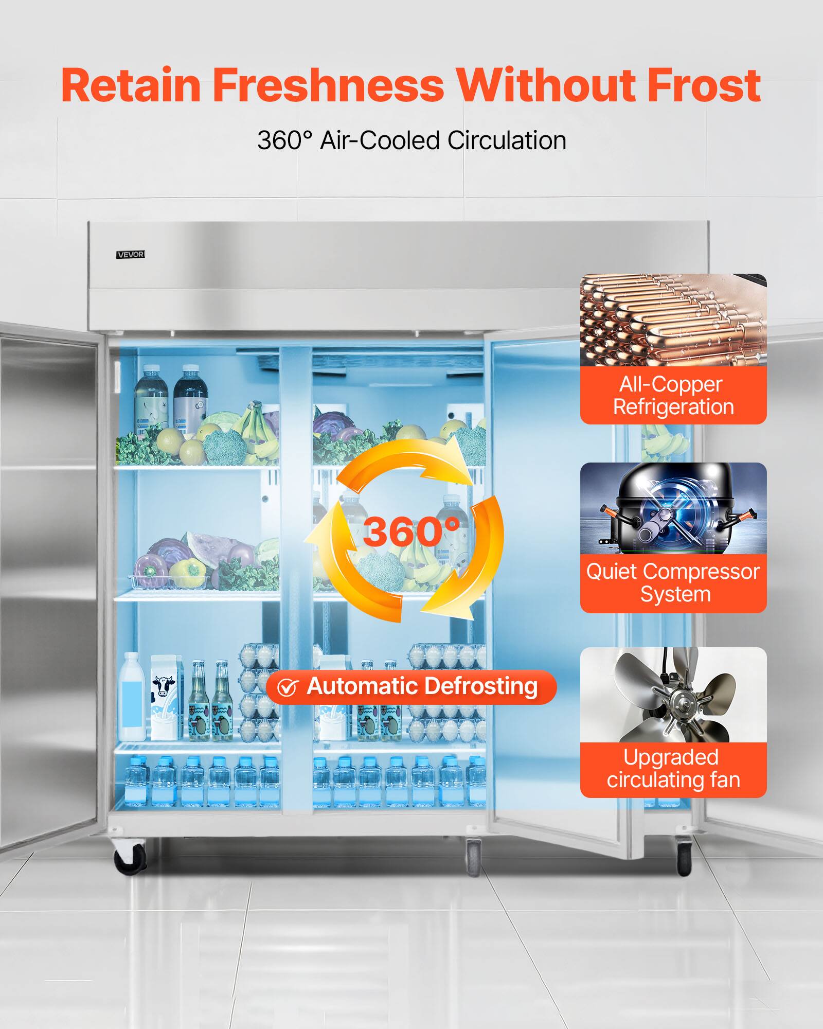 Retain Freshness Without Frost  
360° Air-Cooled Circulation  

- All-Copper Refrigeration  
- Quiet Compressor System  
- Automatic Defrosting  
- Upgraded circulating fan