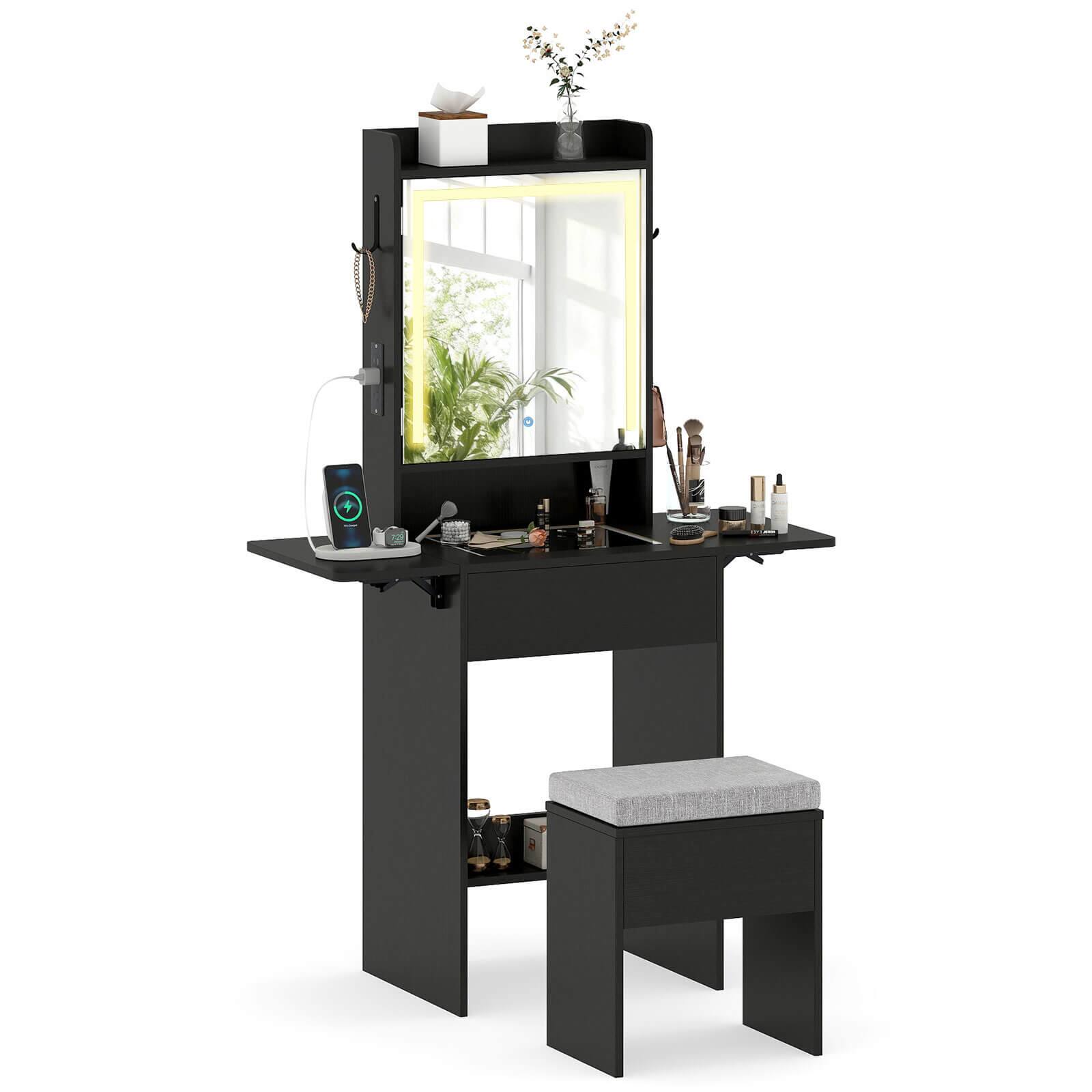 Costway - Vanity Desk with Mirror & Lights, Stool, 2 Drop Leaf Tables, Charging Station - Black