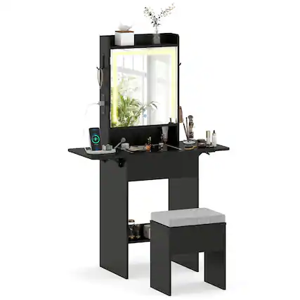 Front. Costway - Costway Vanity Desk with Mirror & Lights, Stool, 2 Drop Leaf Tables, Charging Station - Black.