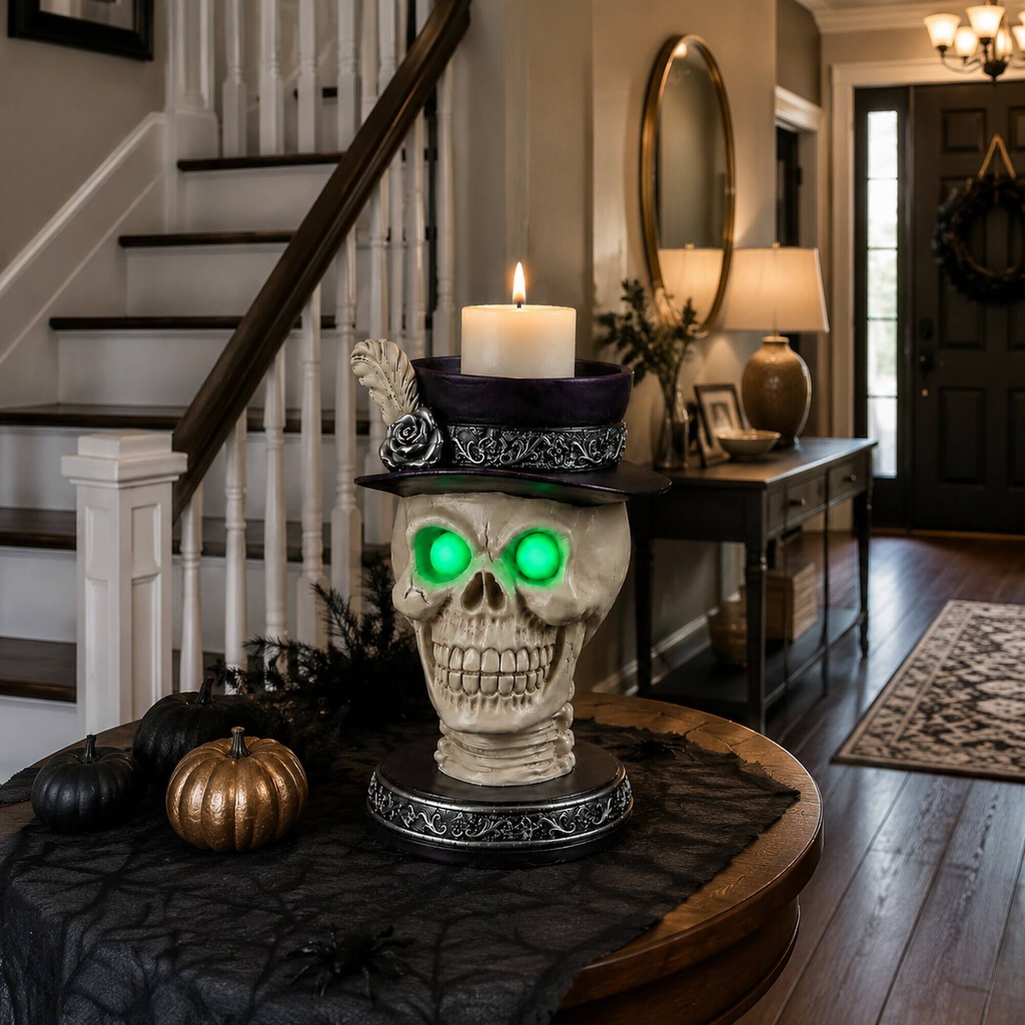 Alt View 1. RYHNUYNE - Gothic Skull Candle Holder Statue with Glowing Green LED Eyes and Victorian Feather Top Hat for Spooky Halloween - Black.