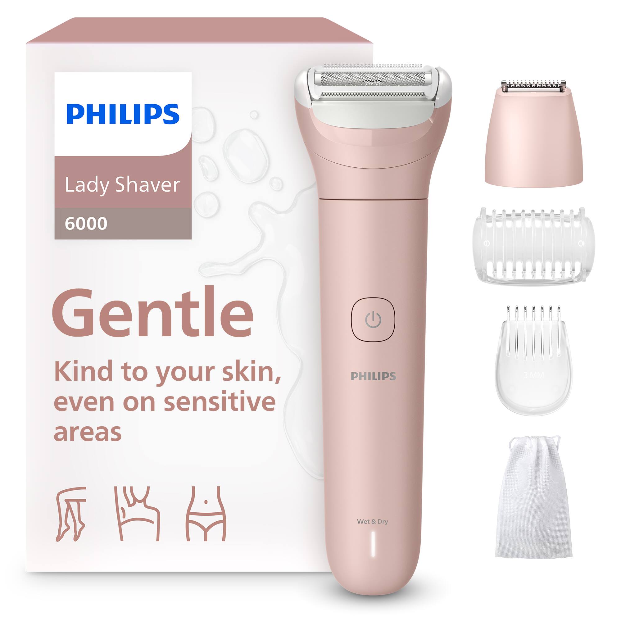 PHILIPS Lady Shaver 6000  
Gentle  
Kind to your skin, even on sensitive areas  
Wet & Dry