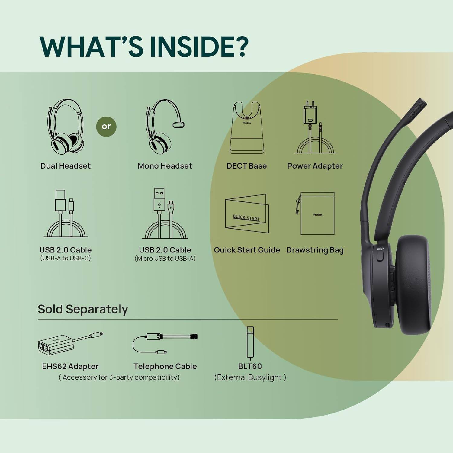 **WHAT'S INSIDE?**

- Dual Headset
- Mono Headset
- DECT Base
- Power Adapter
- USB 2.0 Cable (USB-A to USB-C)
- USB 2.0 Cable (Micro USB to USB-A)
- Quick Start Guide
- Drawstring Bag

**Sold Separately**

- EHS62 Adapter (Accessory for 3-party compatibility)
- Telephone Cable
- BLT60 (External BusyLight)