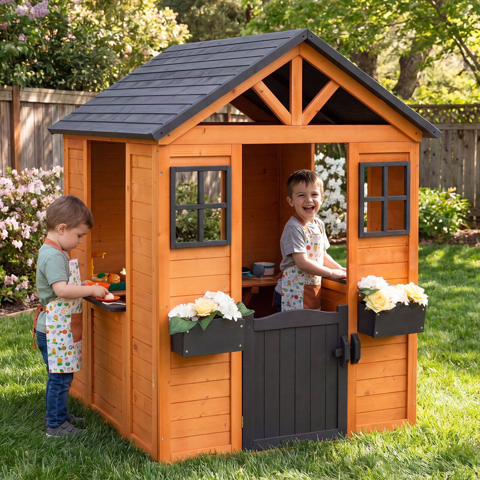 Alt View 1. Costway - Costway Kids Outdoor Playhouse with Sink, Spruce Wooden Cottage with Half Door, Flower Pots - Natural.