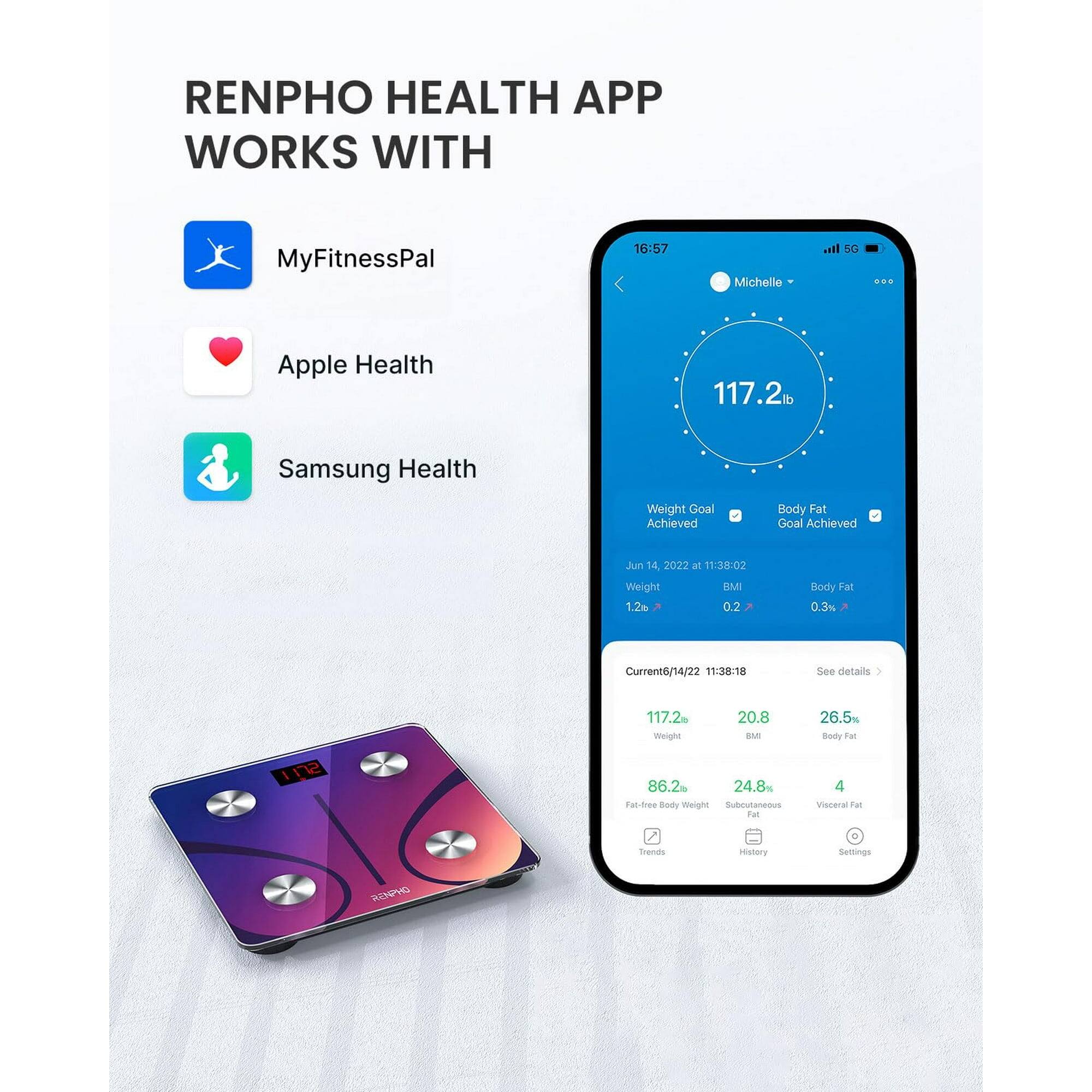 RENPHO HEALTH APP WORKS WITH MyFitnessPal

16:57
Michelle
SG

Apple Health
Samsung Health

Weight Goal Achieved
Body Fat Goal Achieved

Jun 14, 2022 at 11:38:02
Weight 117.2 lb
BMI 0.2
Body Fat 0.3%

Current 6/14/22 11:38:18
Weight 117.2 lb
BMI 20.8
Body Fat 26.5%

Fat-free Body Weight 86.2 lb
Subcutaneous Fat 24.8%
Visceral Fat 4