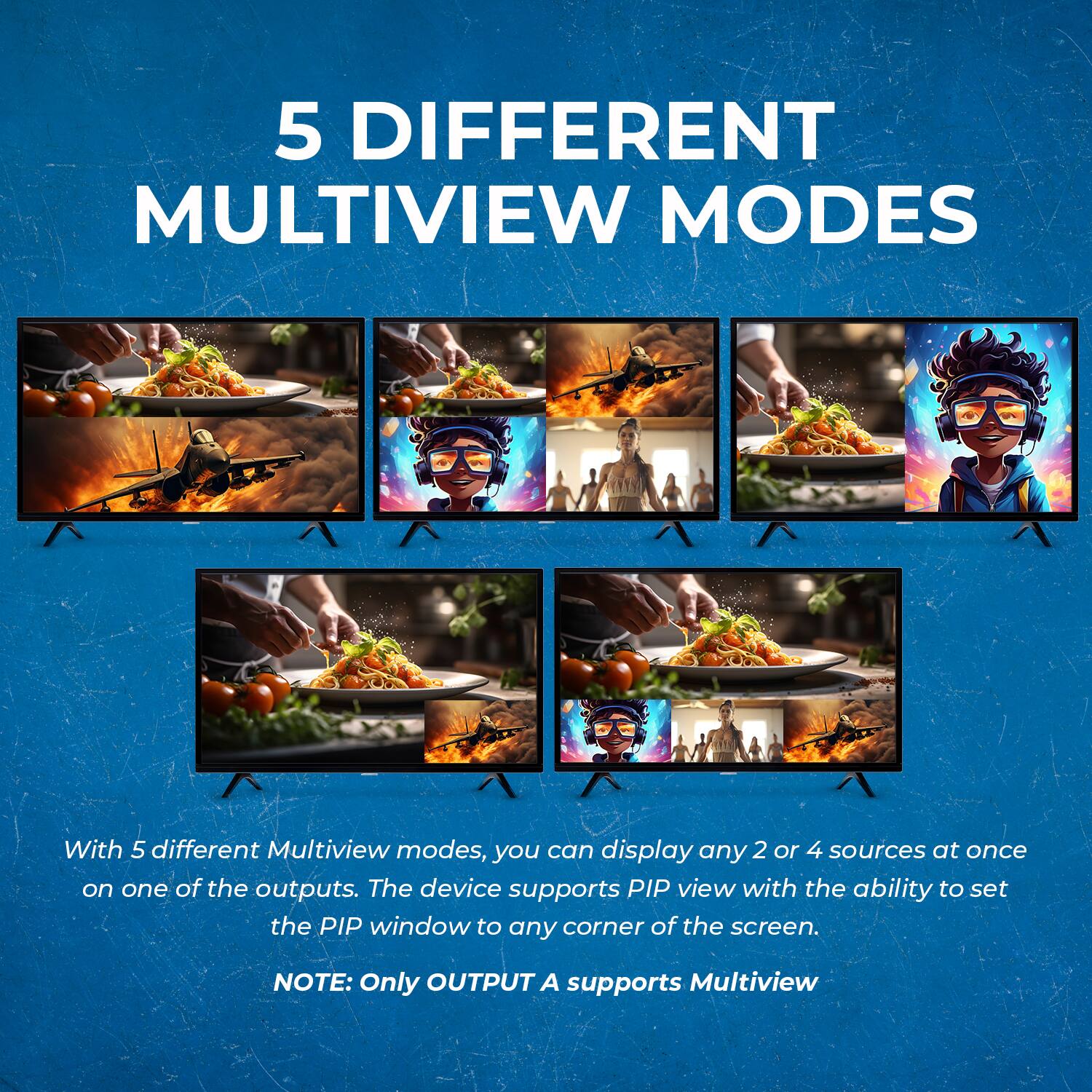 5 DIFFERENT MULTIVIEW MODES

With 5 different Multiview modes, you can display any 2 or 4 sources at once on one of the outputs. The device supports PIP view with the ability to set the PIP window to any corner of the screen.

NOTE: Only OUTPUT A supports Multiview