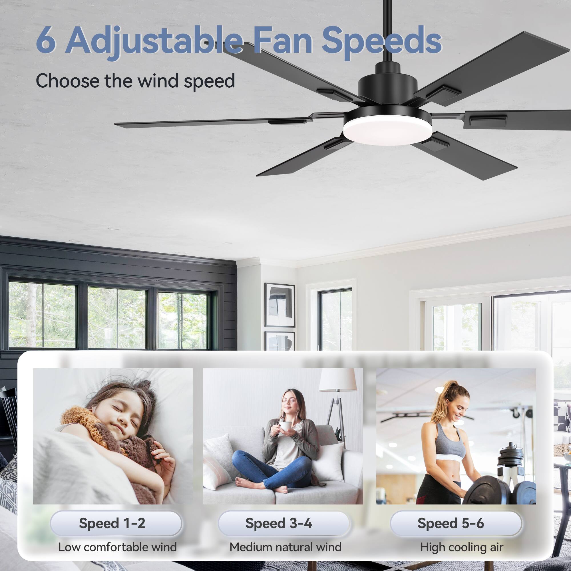 6 Adjustable Fan Speeds

Choose the wind speed

Speed 1-2 Low comfortable wind

Speed 3-4 Medium natural wind

Speed 5-6 High cooling air