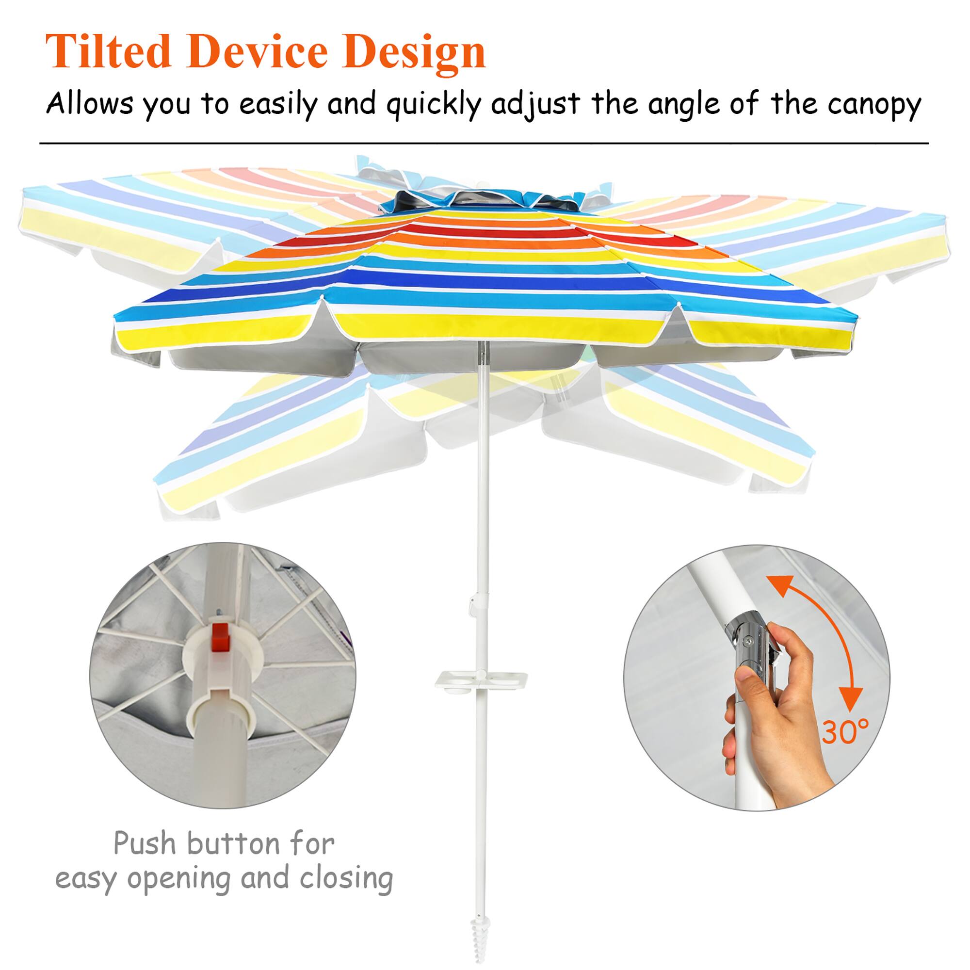 Tilted Device Design: Allows you to easily and quickly adjust the angle of the canopy. 30 Push button for easy opening and closing.