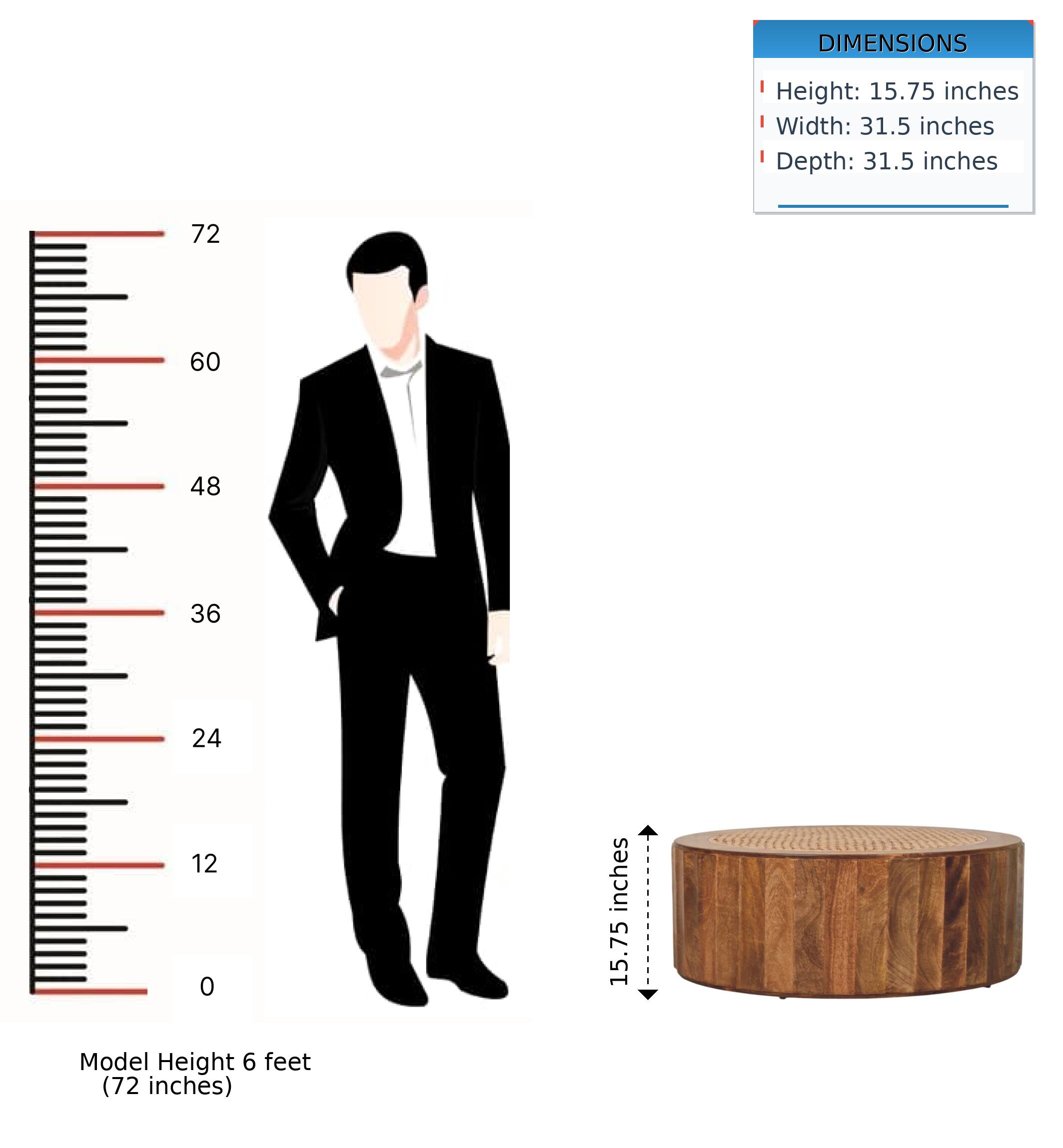 DIMENSIONS  
Height: 15.75 inches  
Width: 31.5 inches  
Depth: 31.5 inches  

Model Height 6 feet (72 inches)