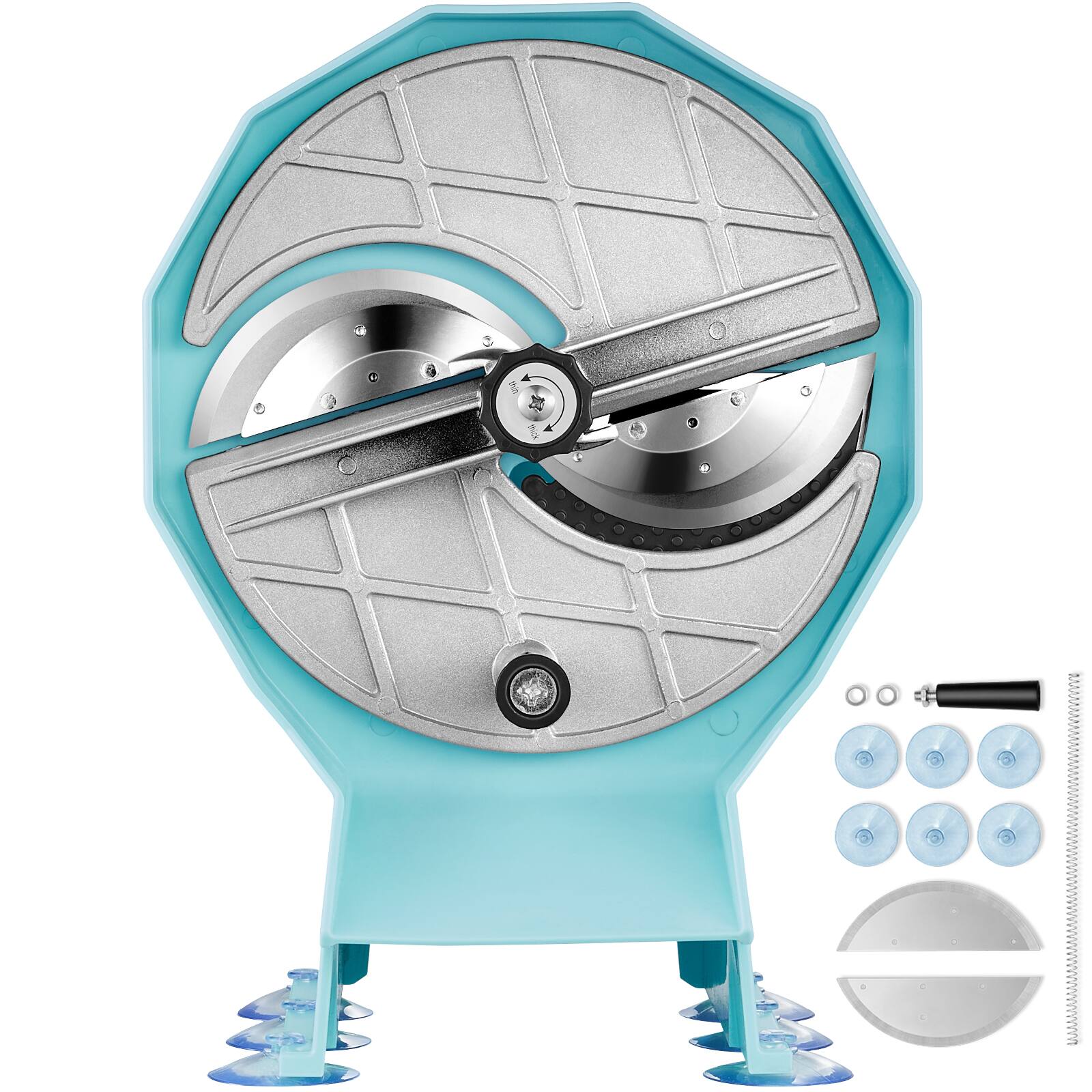 Alt View 5. VEVOR - Manual Vegetable Fruit Slicer, 0-0.5"/0-12mm Thickness Adjustable Commercial Slicer Machine, Double Feed Ports - Blue + Sliver.
