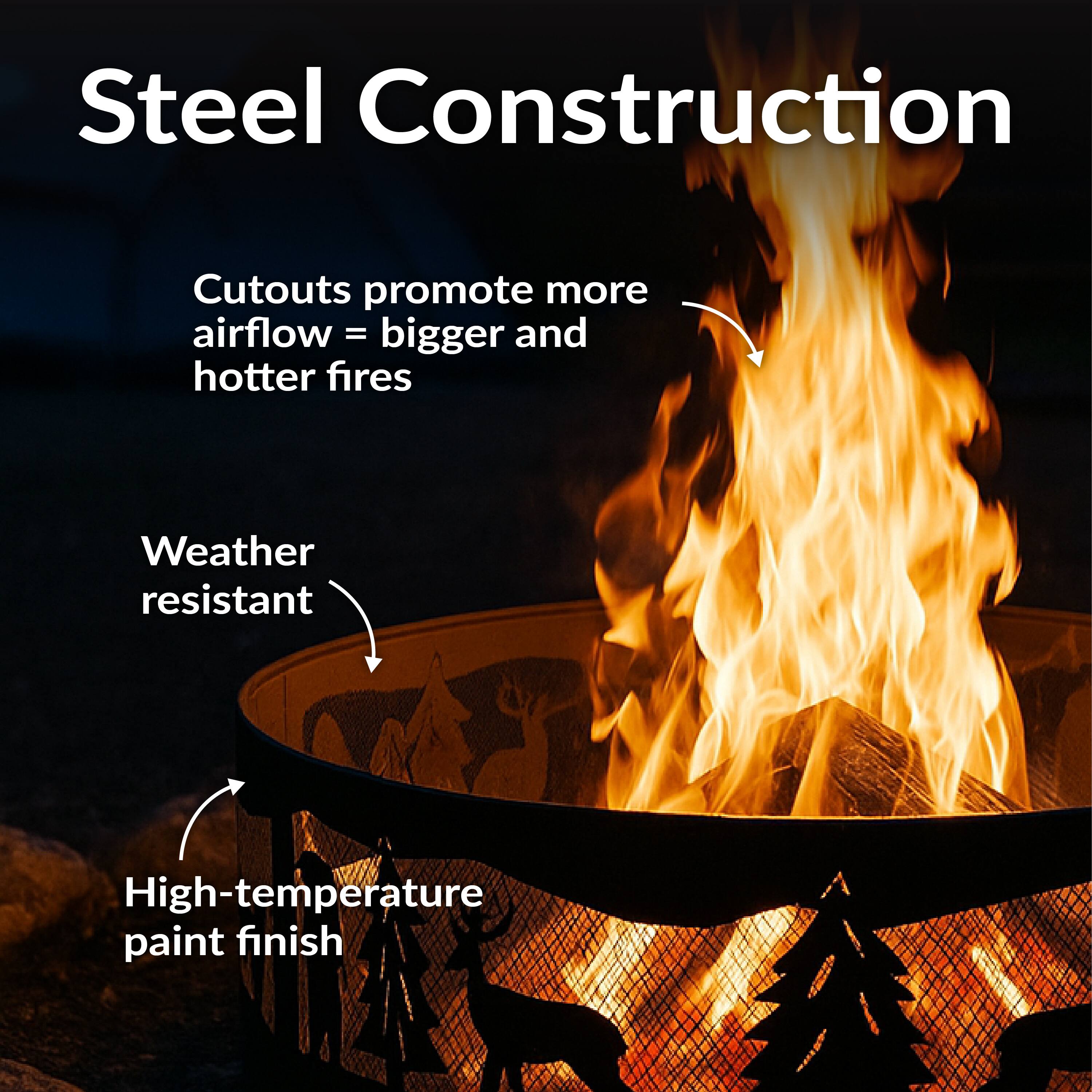 Steel Construction

- Cutouts promote more airflow = bigger and hotter fires
- Weather resistant
- High-temperature paint finish