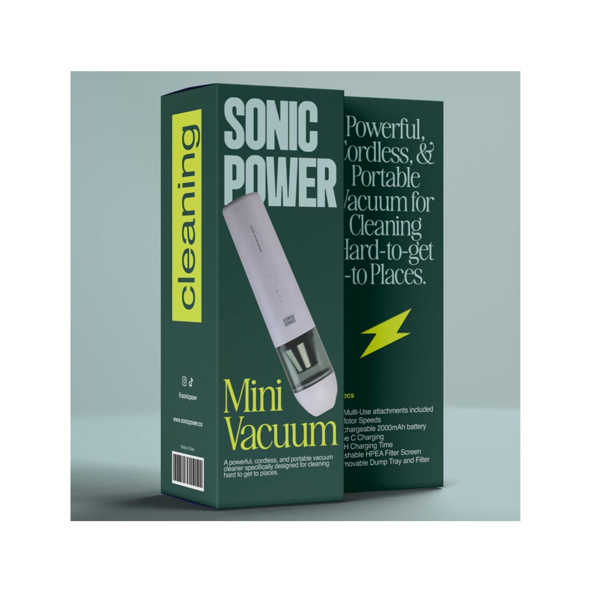 SONIC POWER, Powerful, & Portable vacuum for cleaning hard-to-get places. Mini Vacuum. A powerful, cordless, and portable vacuum designed for cleaning hard-to-get places. Multi-Use attachments included. 2000mAh chargeable battery. Vacuum with H Charging C Charging Time. Shakable HPEA Filter Screen.