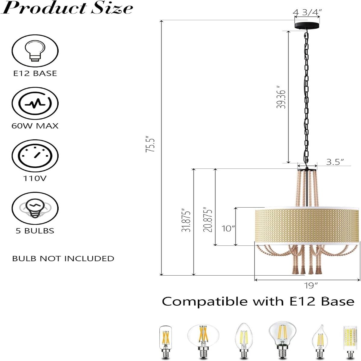 Loheer 19 Inch Rattan Chandelier, 5 Light E12 Boho Farmhouse Fixture ...