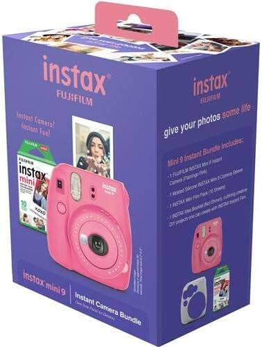 instax FUJIFILM  
instax Camera! Instant Fun!  
instax mini 9  
Instant Camera Bundle  

instax FUJIFILM  
give your photos some life  

Mini 9 Instant Bundle Includes:  
- 1 FUJIFILM INSTAX Mini 9 Instant Camera  
- 1 Mini 9 Camera Straps  
- 1 INSTAX Mini Film Pack (10 Sheets)  
- 1 INSTAX Mini Border Pack (10 Sheets)  
- 1 INSTAX Mini Border Pack (10 Sheets)  
- 1 INSTAX Mini Border Pack (10 Sheets)  
- 1 INSTAX Mini Border Pack (10 Sheets)  
- 1 INSTAX Mini Border Pack (10 Sheets)  
- 1 INSTAX Mini Border Pack (10 Sheets)  
- 1 INSTAX Mini Border Pack (10 Sheets)  
- 1 INSTAX Mini Border Pack (10 Sheets)  
- 1 INSTAX Mini Border Pack (10 Sheets)  
- 1 INSTAX Mini Border Pack (10 Sheets)  
- 1 INSTAX Mini Border Pack (10 Sheets)  
- 1 INSTAX Mini Border Pack (10 Sheets)  
