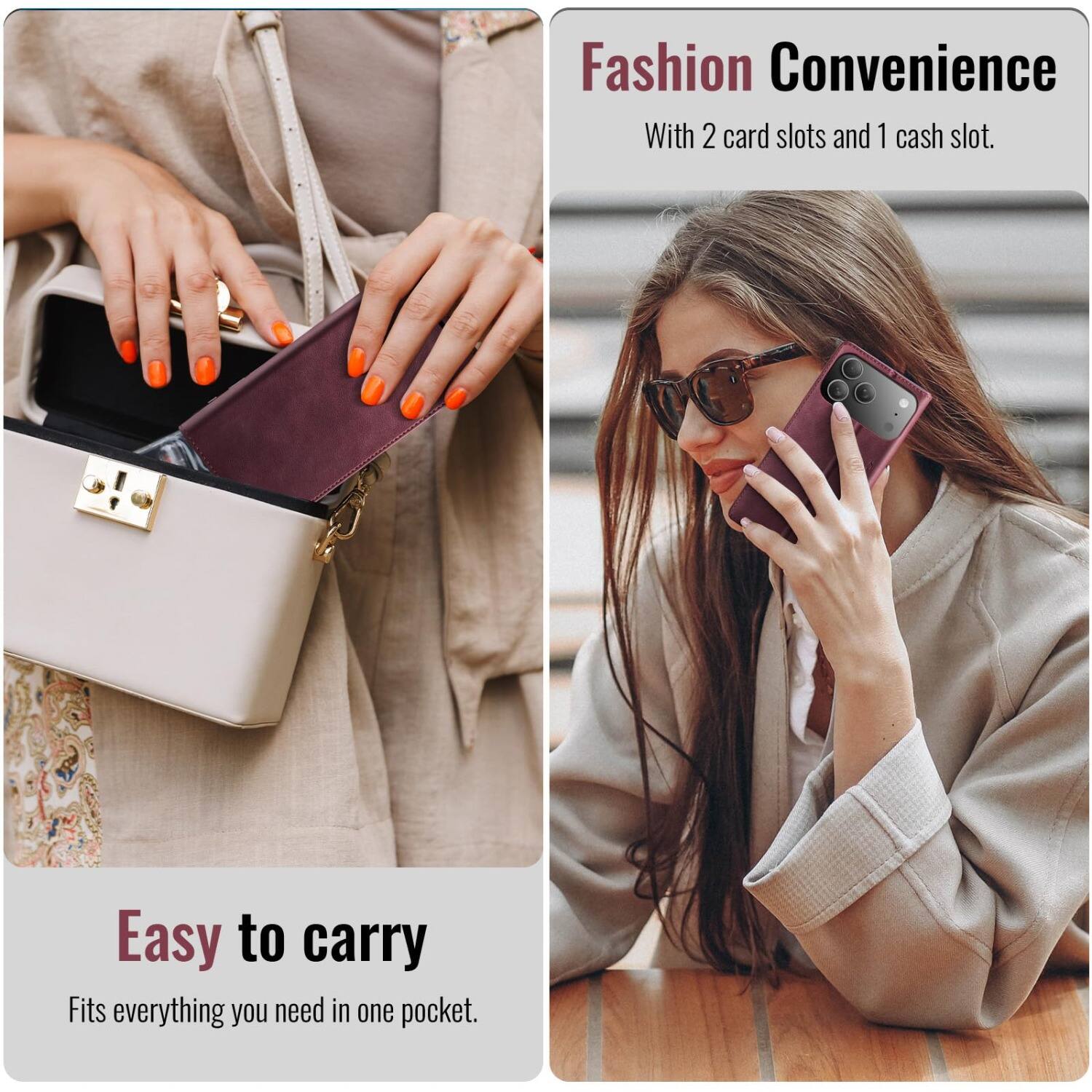 Fashion Convenience  
With 2 card slots and 1 cash slot.  

Easy to carry  
Fits everything you need in one pocket.