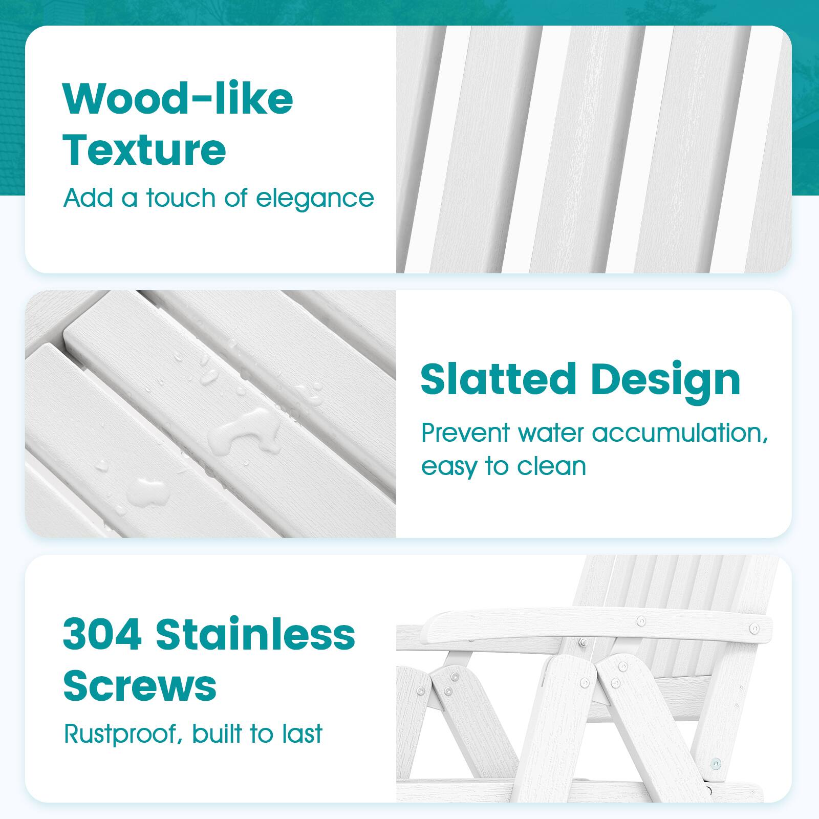 Wood-like Texture  
Add a touch of elegance  

Slatted Design  
Prevent water accumulation, easy to clean  

304 Stainless Screws  
Rustproof, built to last