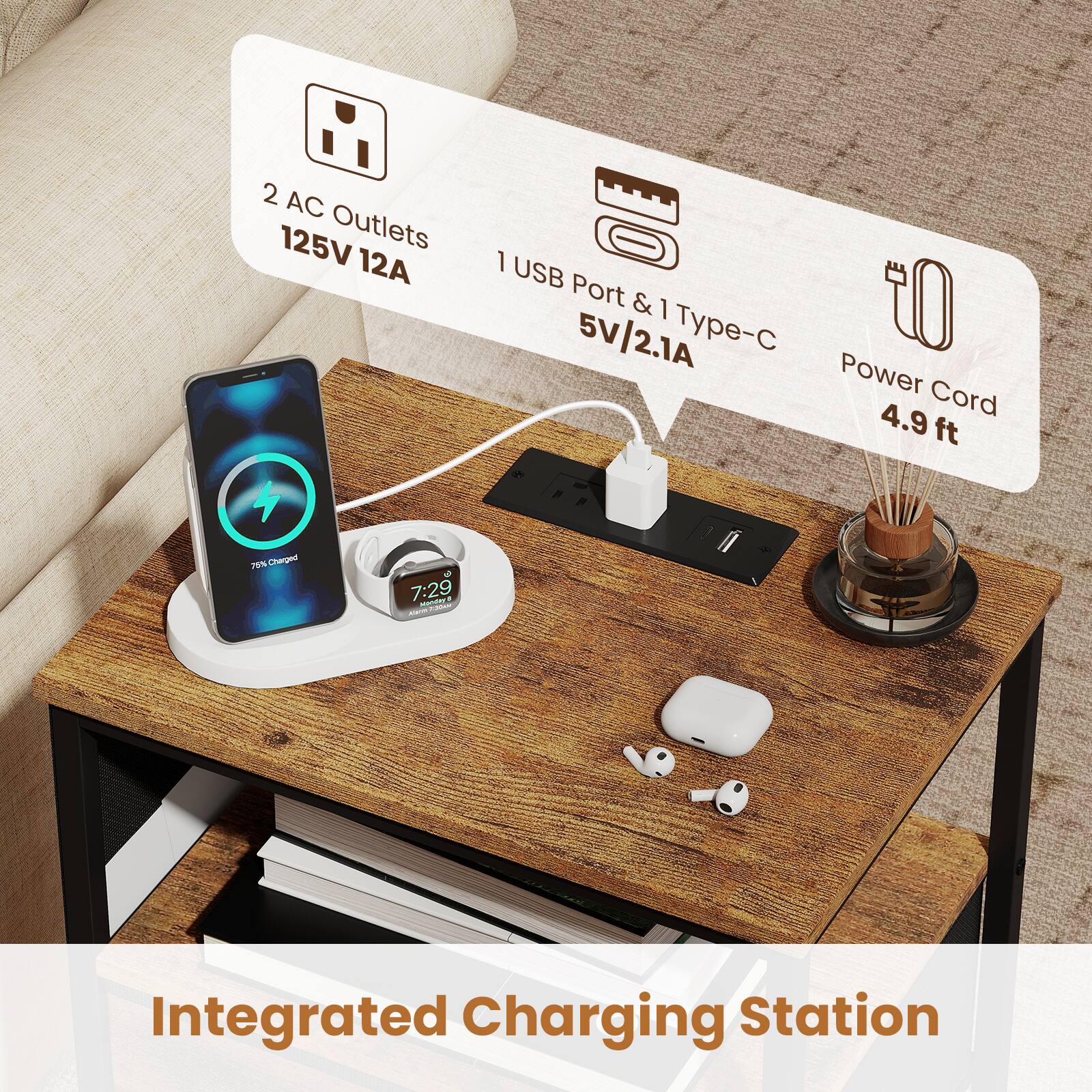 2 AC Outlets 125V 12A  
1 USB Port & 1 Type-C 5V/2.1A  
Power Cord 4.9 ft  
75% Charged  
7:29  
Integrated Charging Station