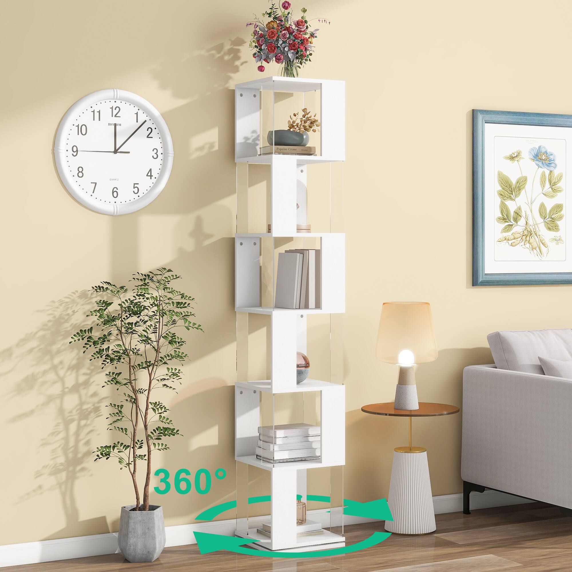 Angle. Tiramisubest - 6 Tier Rotating Bookshelf,Floor Rack Simple Bookcase,Multi-Function Creative Bookshelf with anti-toppling base,White - White.