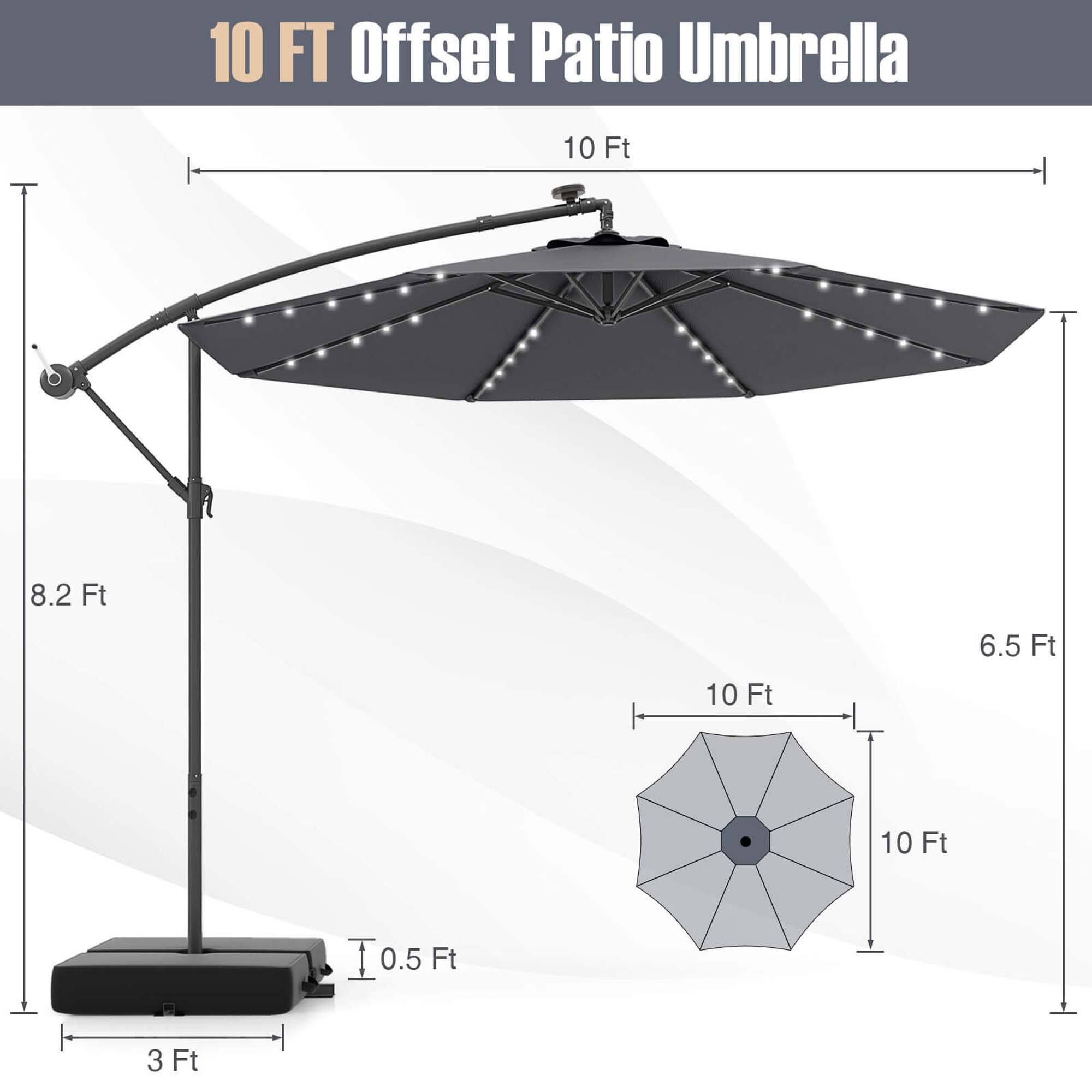 10 FT Offset Patio Umbrella: 10 Ft, 8.2 Ft, 10 Ft, 6.5 Ft, 10 Ft, 0.5 Ft, 3 Ft