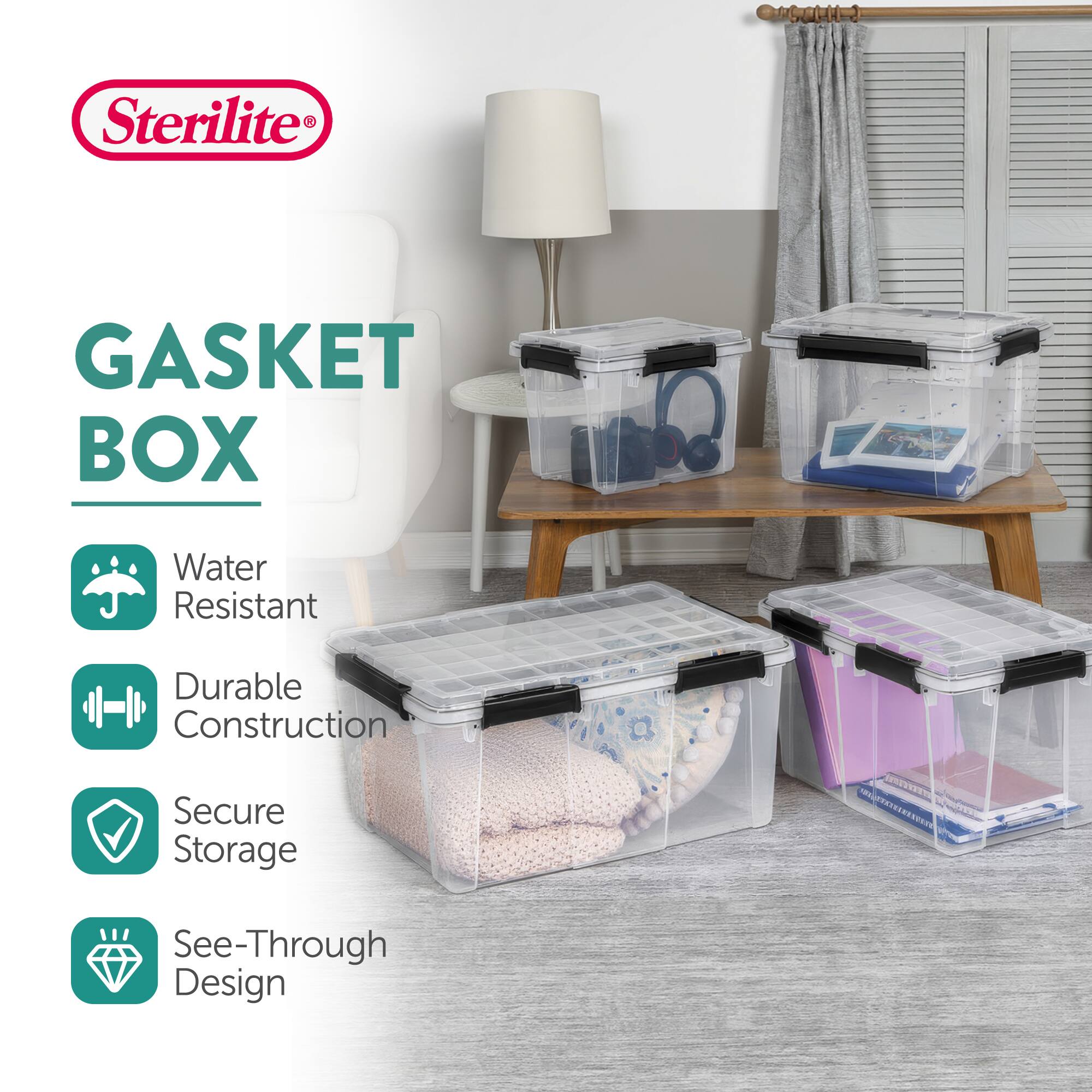 CSSHE Sterilite GASKET BOX  
Water Resistant  
Durable Construction  
Secure Storage  
See-Through Design