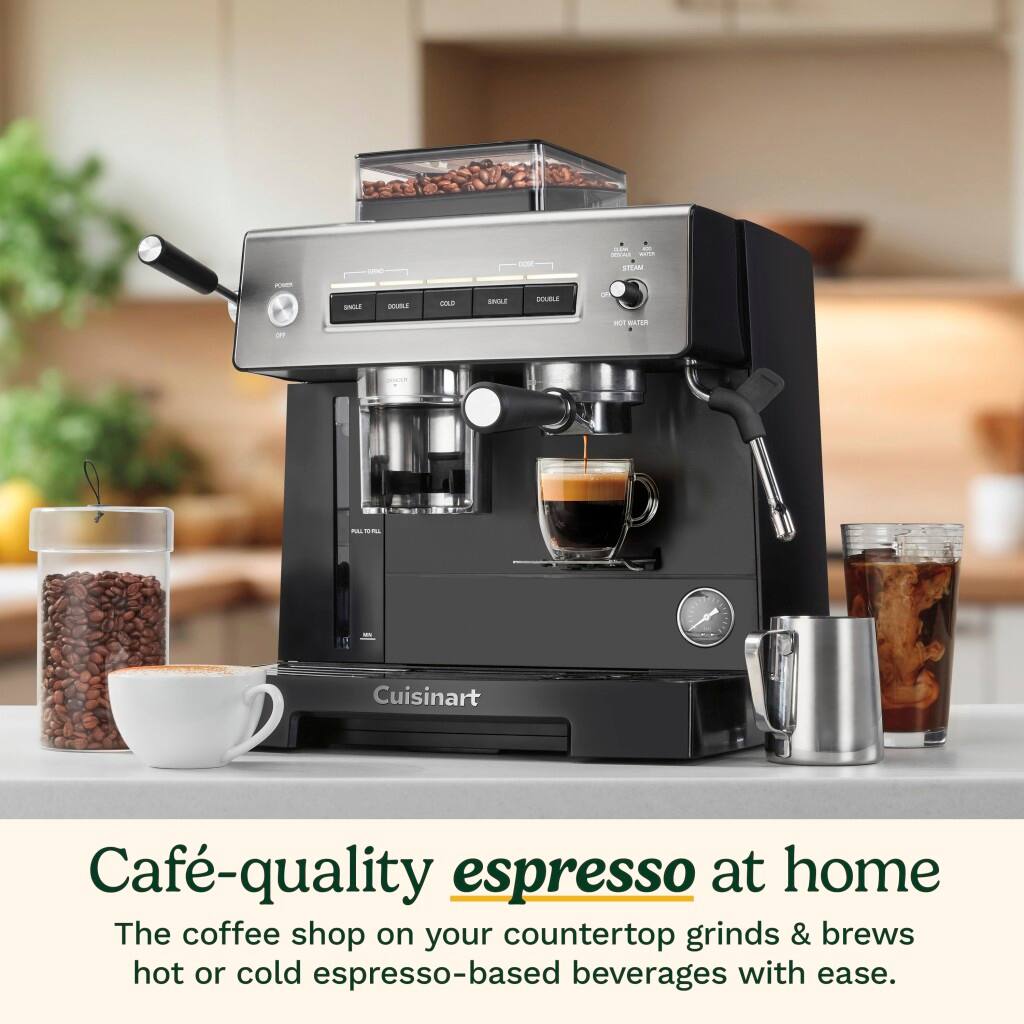 The Cuisinart Café-quality espresso at home allows you to enjoy the coffee shop experience on your countertop. This espresso machine grinds and brews hot or cold espresso-based beverages with ease, making it perfect for your home.