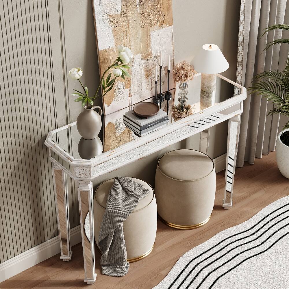 Left. Loheer - Loheer Mirrored Console Table, Vintage Wood Carved Entryway Table, Curved Sofa Table, Oak and Silver - Oak and Silver.