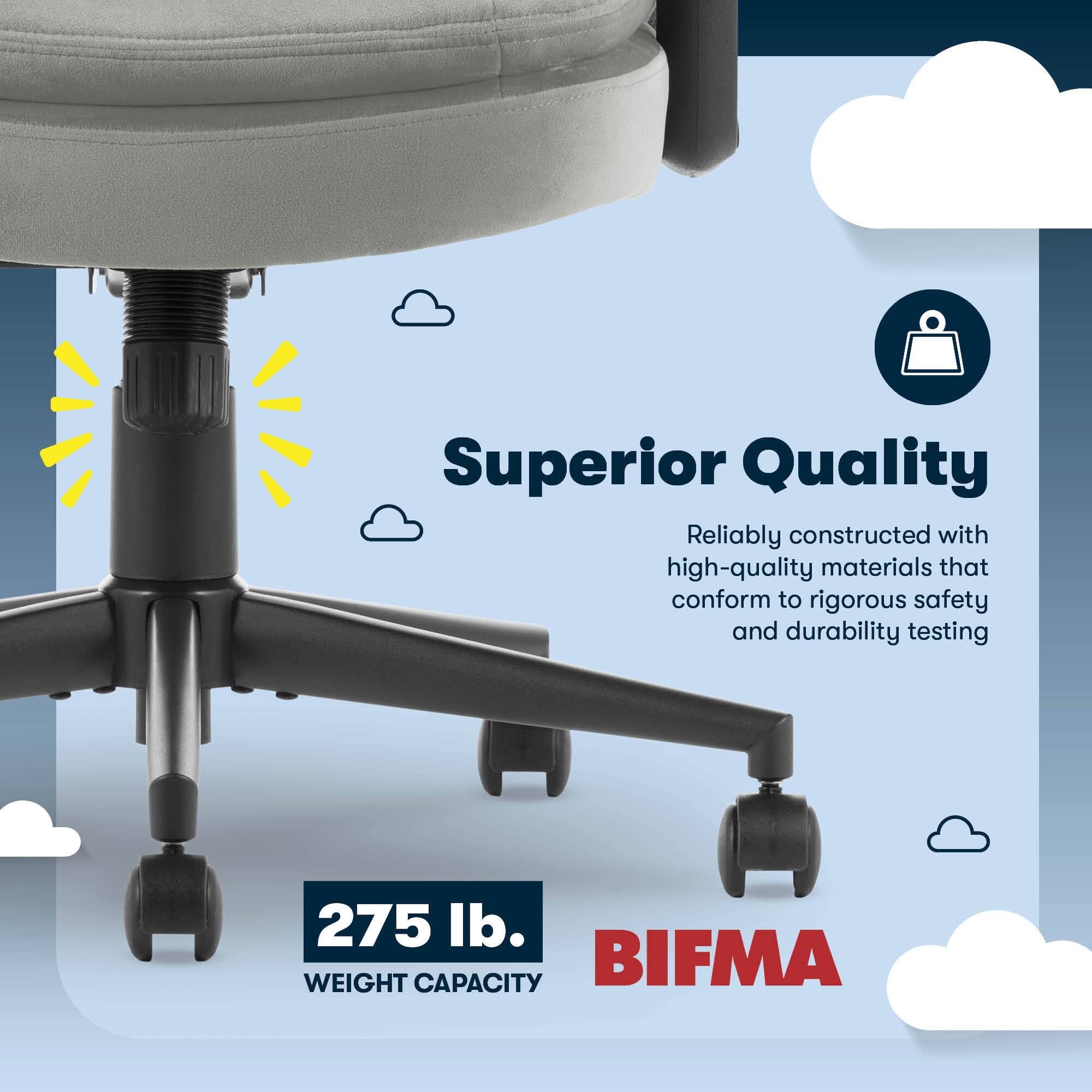 The text on the image is grouped and corrected as follows:

"Superior Quality: Reliably constructed with high-quality materials that conform to rigorous safety and durability testing. 275 lb. Weight Capacity. BIFMA."