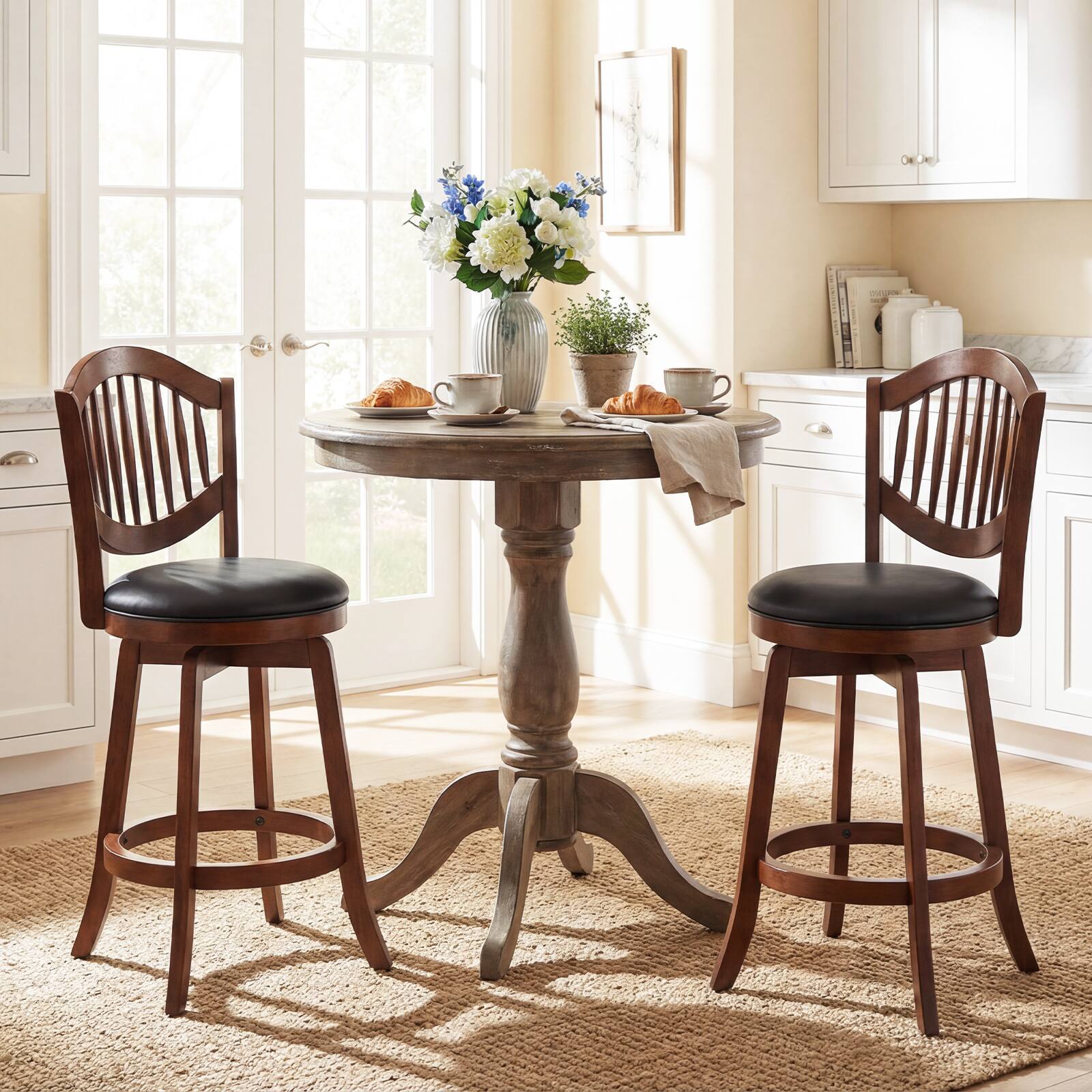 Alt View 4. Costway - Costway Swivel Bar Stools Set of 4, 25" Counter Height Barstools with Backrest & Wood Frame - Brown.