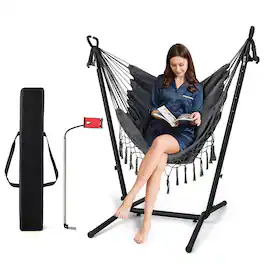Gymax - Hammock Chair with Stand Phone Holder Adjustable Swing Indoor & Outdoor Use - Gray