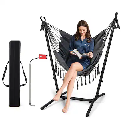 Front. Gymax - Gymax Hammock Chair with Stand Phone Holder Adjustable Swing Indoor & Outdoor Use - Grey.