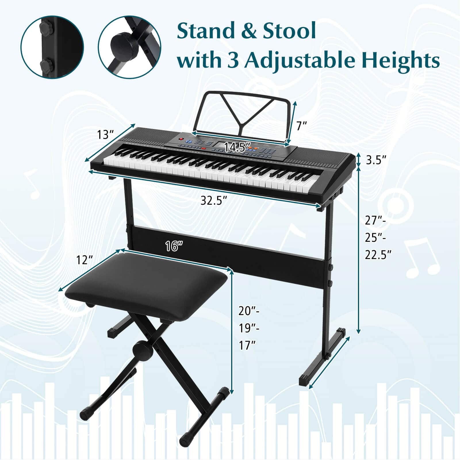 Stand & Stool with 3 Adjustable Heights
- 13"
- 14.5"
- 7"
- 3.5"
- 12"
- 16"
- 32.5"
- 27"- 25"- 22.5"- 20"- 19"- 17"