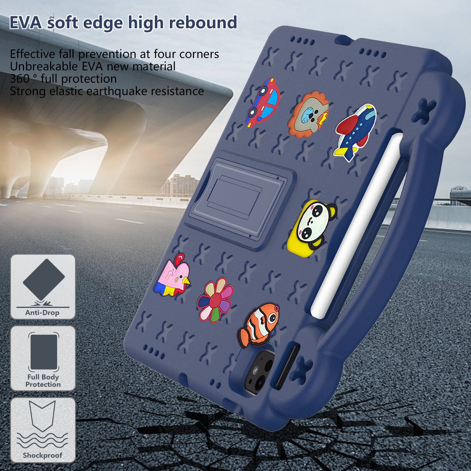 EVA soft edge high rebound  
Effective fall prevention at four corners  
Unbreakable EVA new material  
360° full protection  
Strong elastic earthquake resistance  

Anti-Drop  
Full Body Protection  
Shockproof