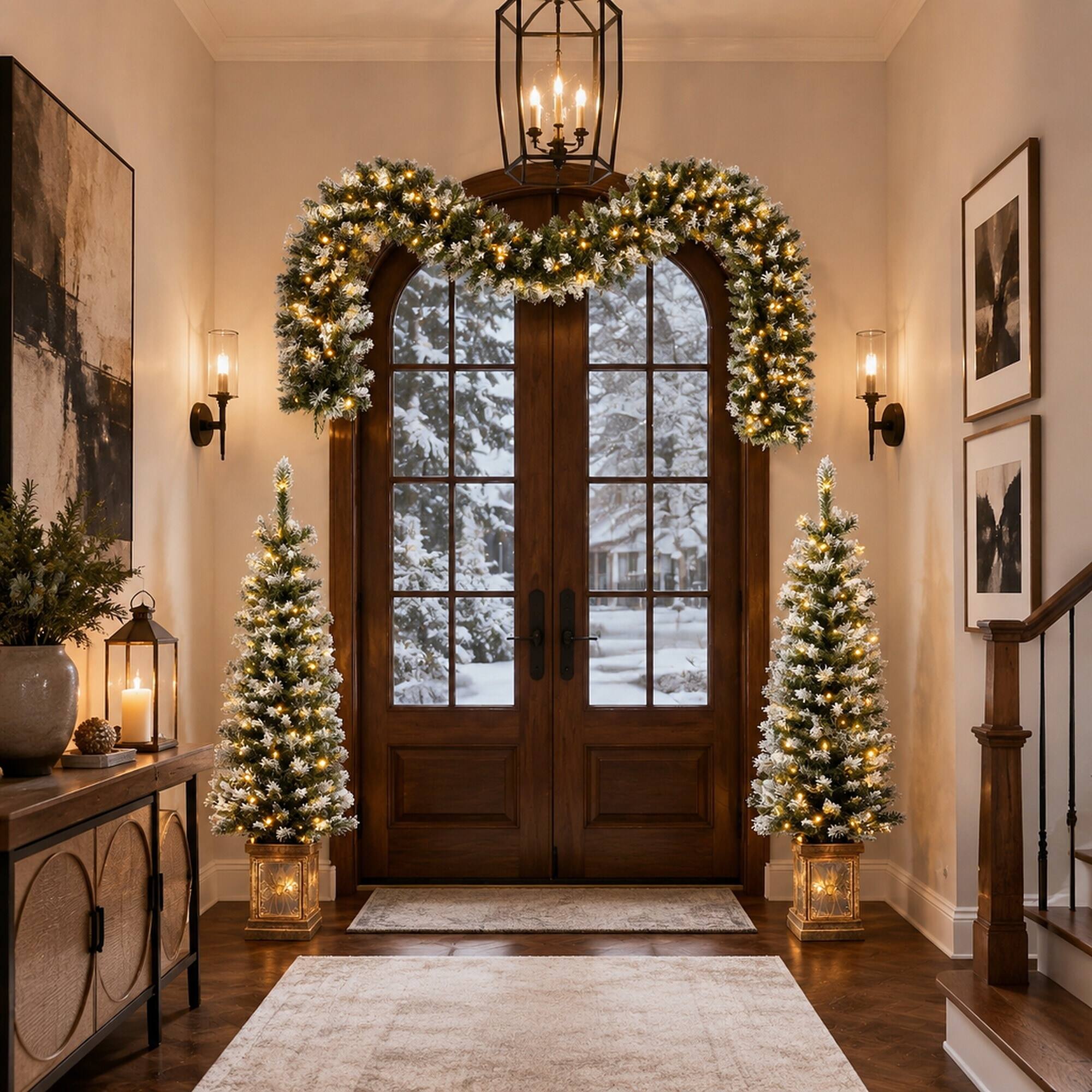 Alt View 2. RYHNUYNE - 3-Piece Artificial Christmas Decor Set, Wreath 2 Entrance Trees LED Lights Easy Assembly Xmas Display - White+Green.