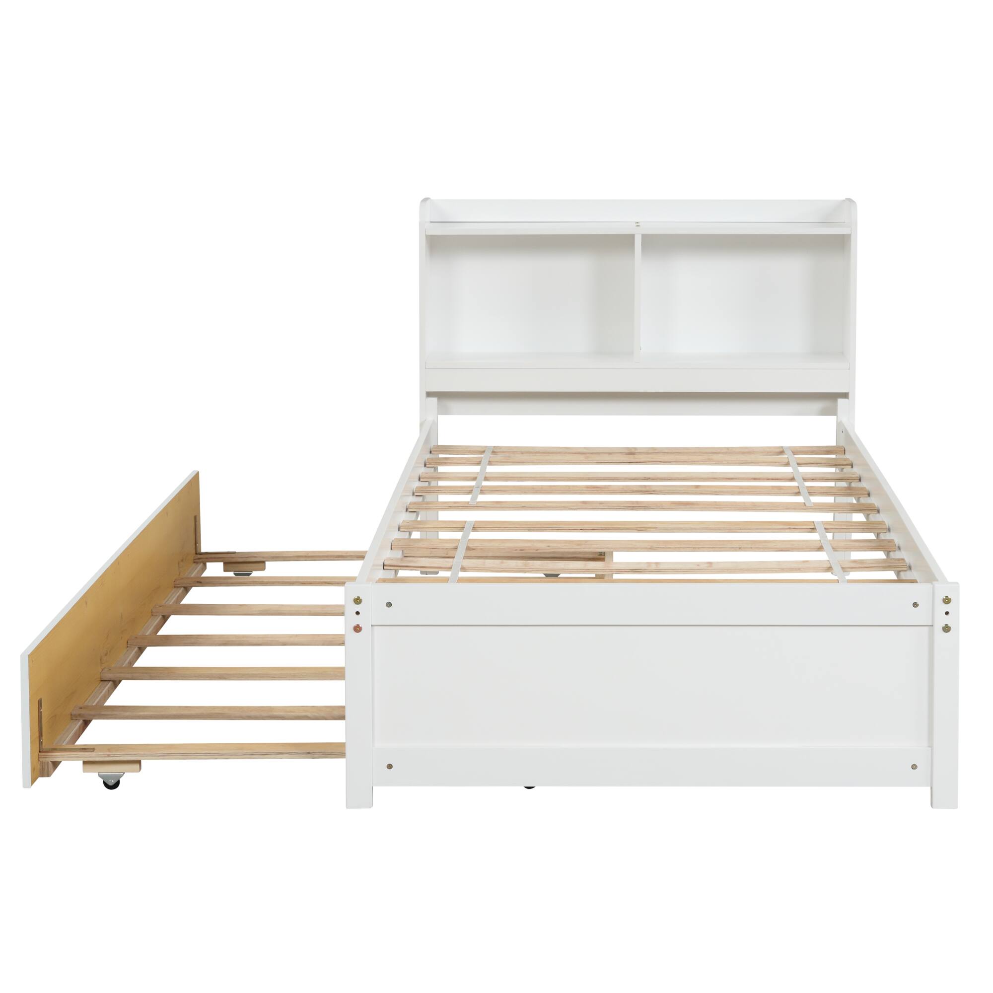 Left. GOODSILO - Space-Saving Twin Bed with Pull-Out Trundle and Built-In Bookcase Headboard for Compact Bedrooms - White.