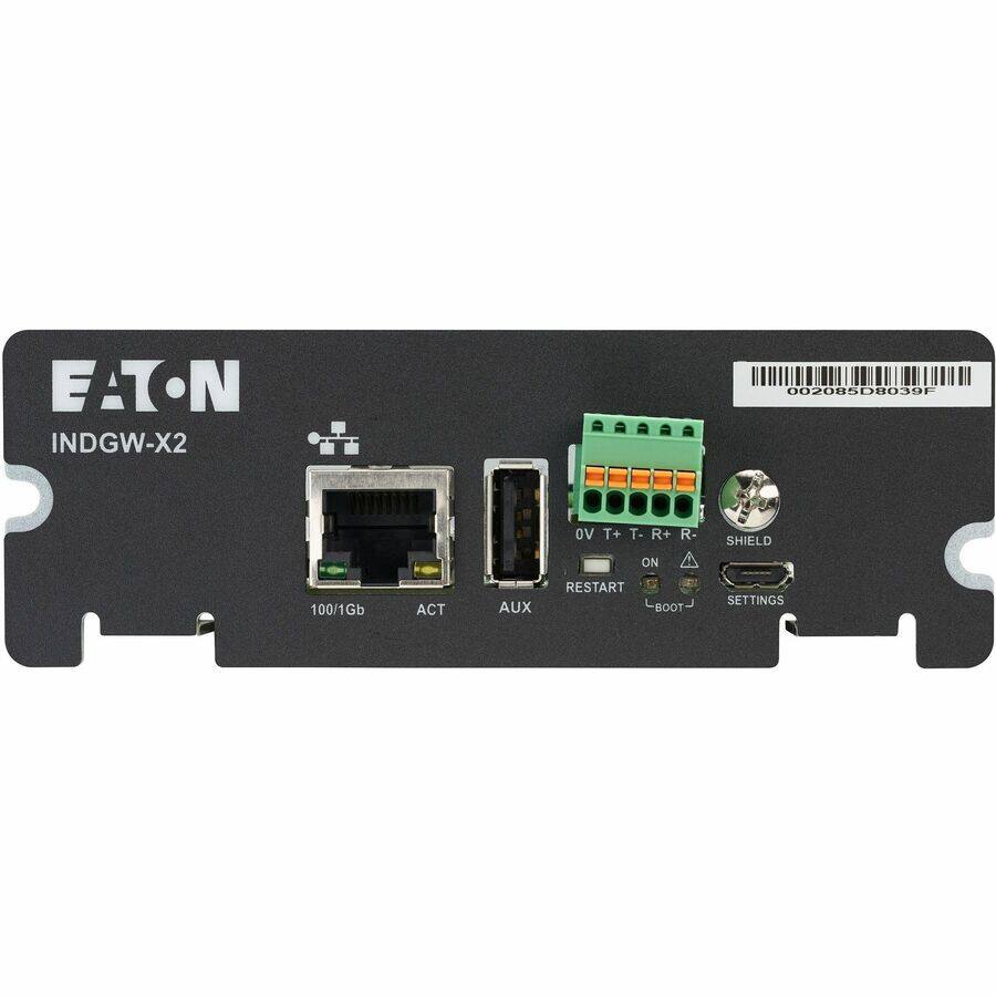 EATON INDGW-X2  
002085D8039F  
100/1Gb  
ACT AUX  
OV T+ T- R+ R- SHIELD  
ON  
RESTART BOOT SETTINGS