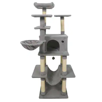 Front. Gymax - Gymax 63'' Large Cat Tree for Indoor Cats w/Plush Top Perch Condo Hammock Basket Bed Light Grey.