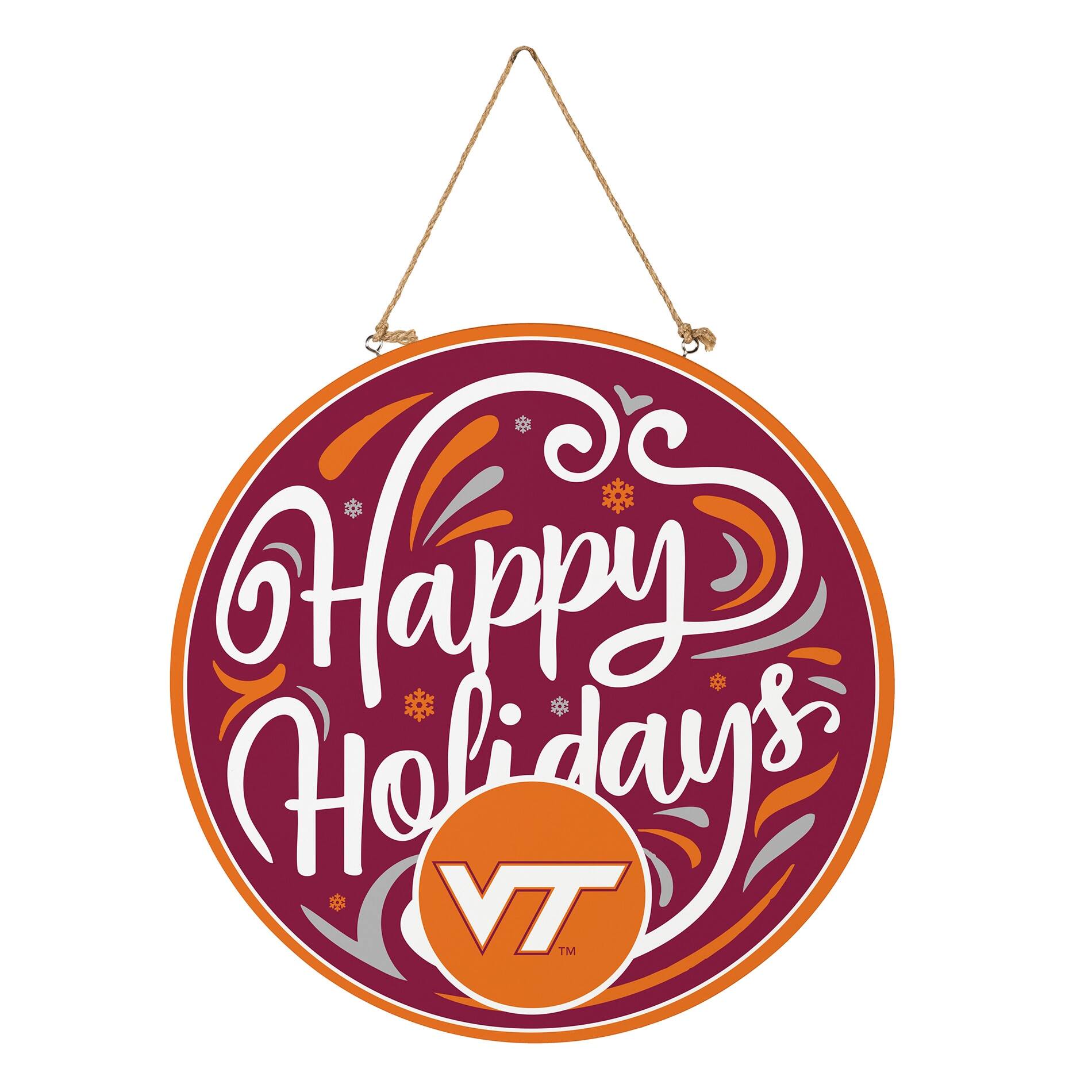 Alt View 2. Evergreen Enterprises - Virginia Tech Hokies 18" Happy Holidays Wooden Round Door Sign - Multicolor.