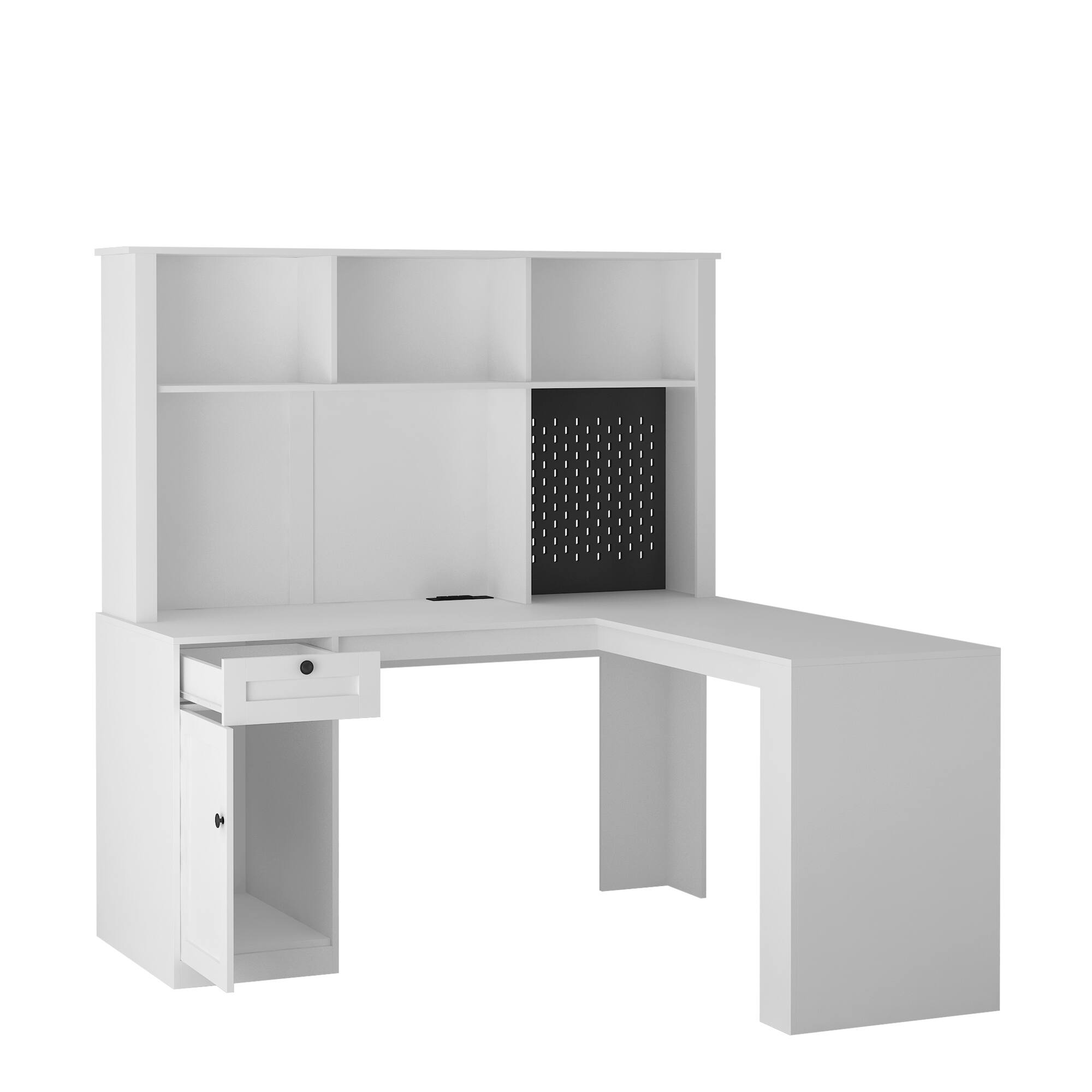 Alt View 6. Tiramisubest - L Shaped Desk with Outlet,Computer Desk with Drawers,Bookshelf,Modern Corner Writing Desk,Home Office Desk,White - White.