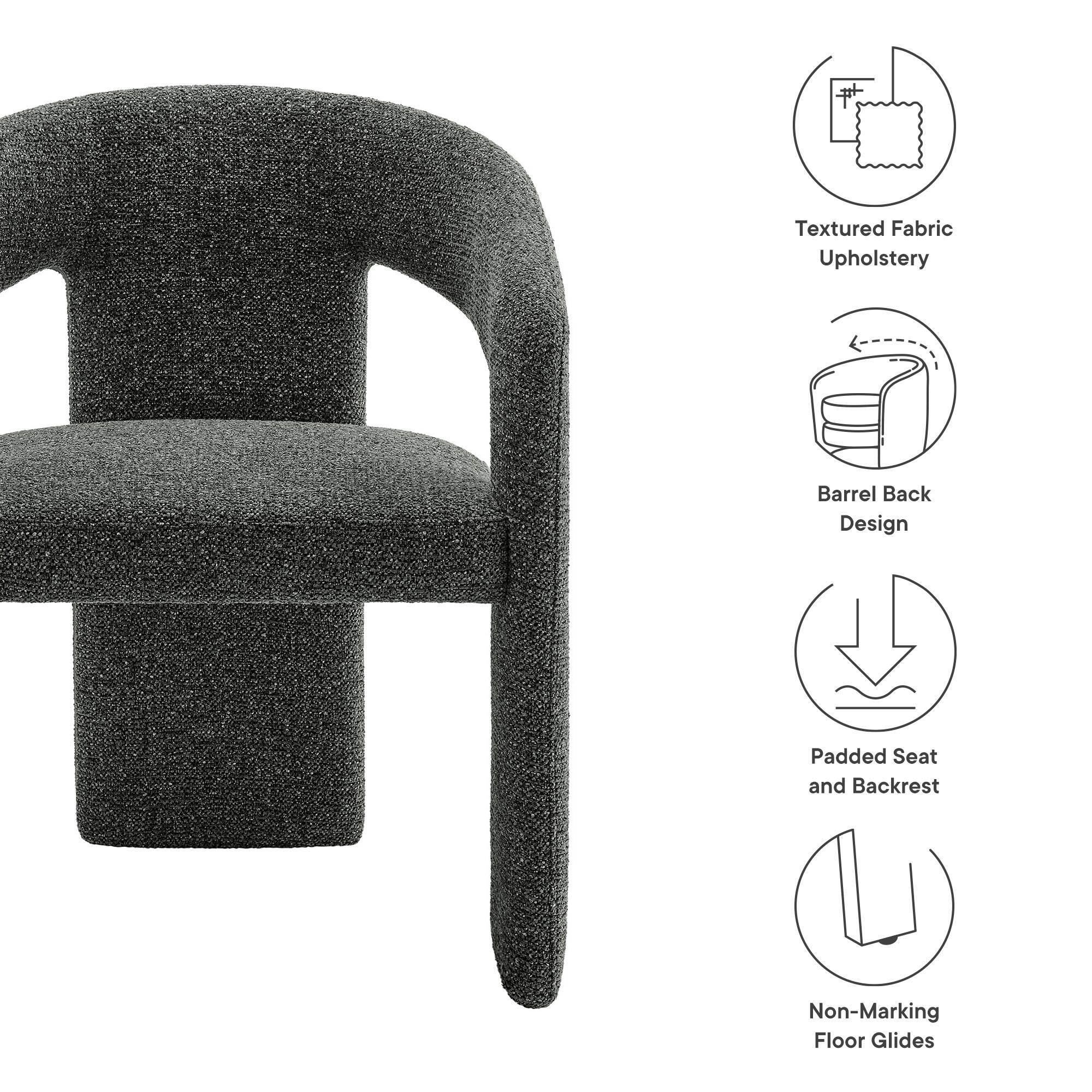 - Textured Fabric Upholstery
- Barrel Back Design
- Padded Seat and Backrest
- Non-Marking Floor Glides