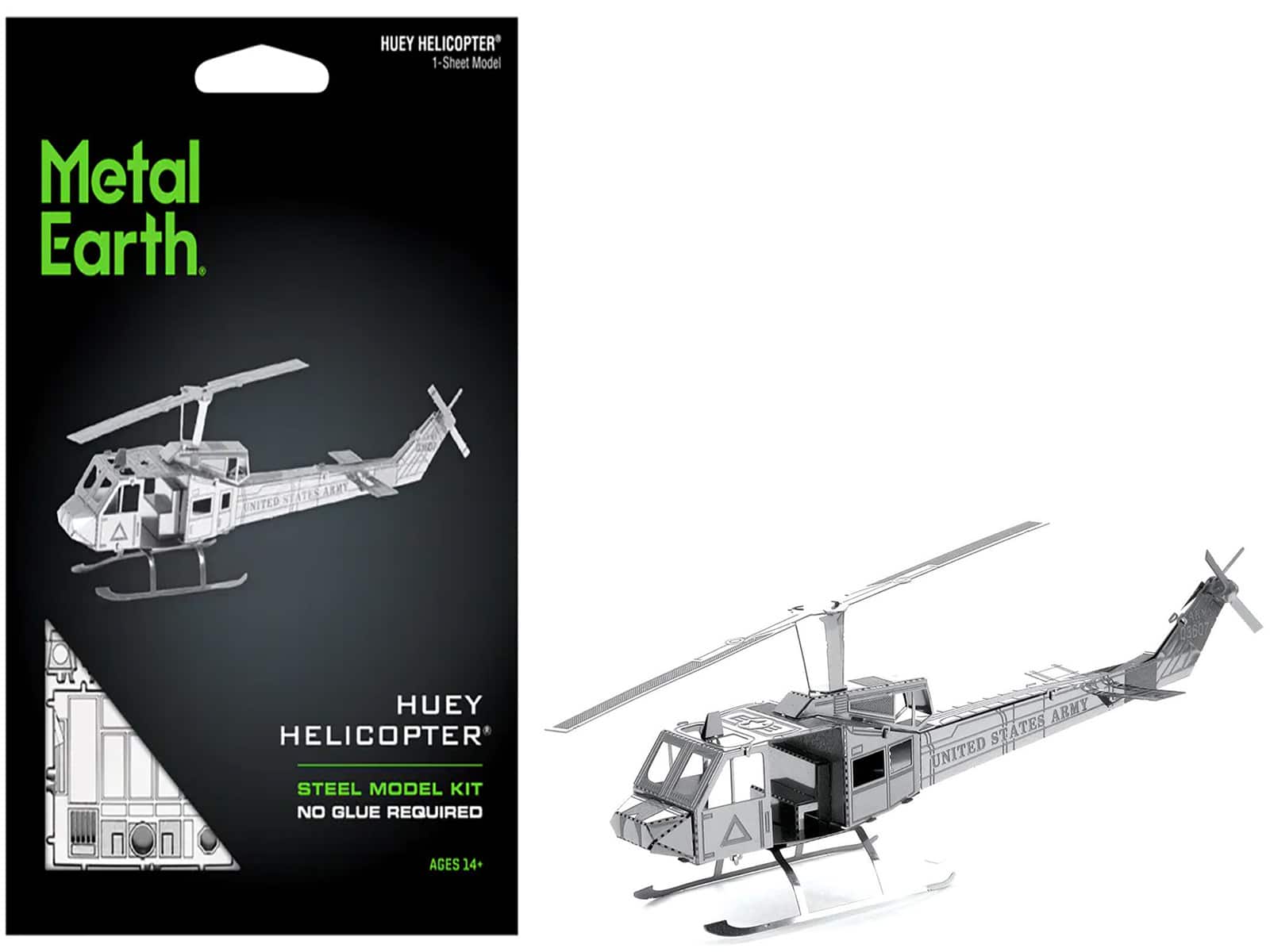 Model Kit Bell UH-1 Iroquois "Huey" Helicopter "United States Army" (Easy Difficulty) Steel Model by Metal Earth - Silver
