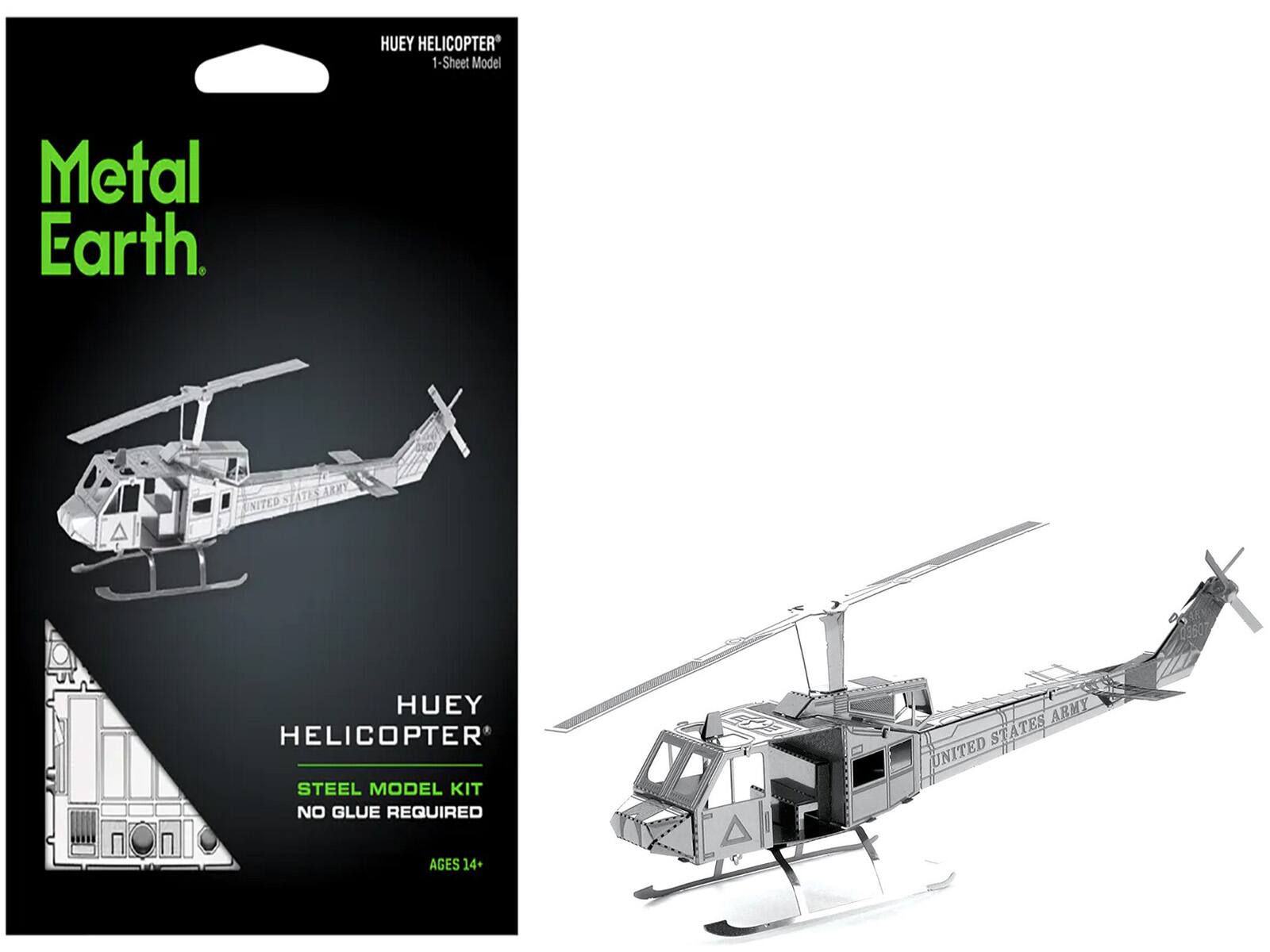 HUEY HELICOPTER  
1-Sheet Model  

Metal Earth  

HUEY HELICOPTER  
STEEL MODEL KIT  
NO GLUE REQUIRED  
AGES 14+  

UNITED STATES ARMY