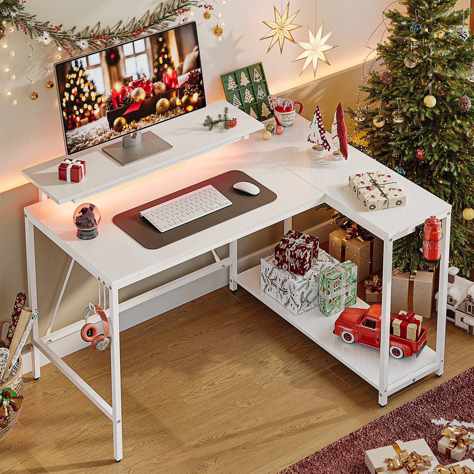 Left. Pinmoco - Pinmoco - 42" Reversible L-Shaped LED Gaming Desk - Carbon Fiber with Monitor Stand & Headset Hooks - White - White.