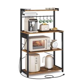 Songmics Home - Kitchen Bakers Rack with Power Outlet, Coffee Bar 4-Tier with 8 S Hooks, Microwave Stand, Adjustable Shelf - Rustic Brown and Ink Black