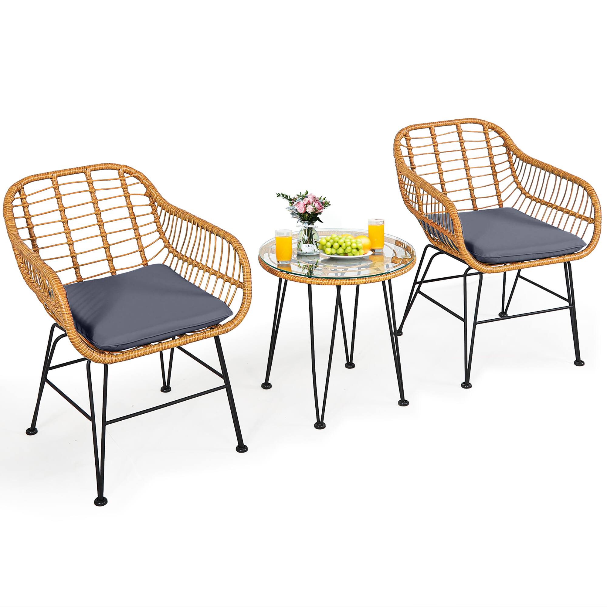 Alt View 9. Costway - Costway 3PCS Patio Rattan Bistro Furniture Set Cushioned Chair Table - Gray.
