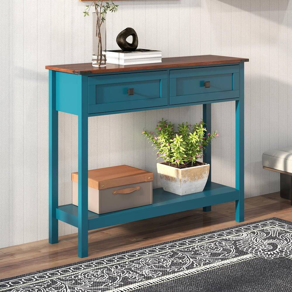 Angle. Kadyn - Farmhouse Style Console Table - 2 Drawers & Bottom Storage Shelf, Rustic Side Table for Entryway, Living Room, Hallway - Blue.