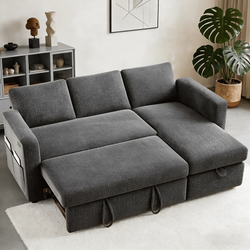 Dyonery - 81" L Shaped Sleeper Couch Sofa Bed with Pull Out Bed Reclining Backrest, Storage Chaise, USB Ports, Tool-Free Assembly - Dray