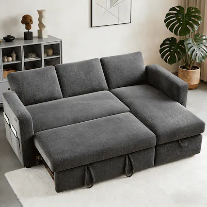 Front. Dyonery - 81" L Shaped Sleeper Couch Sofa Bed with Pull Out Bed Reclining Backrest/Storage Chaise/USB Ports/Tool-Free Assembly - Dray.